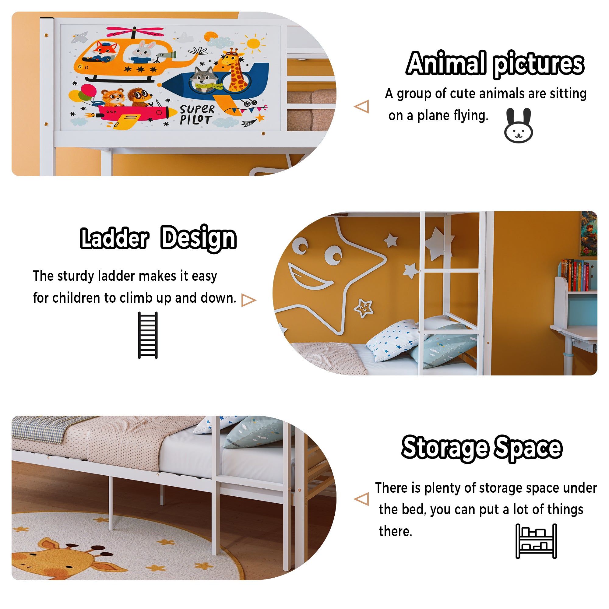 Metal Bunk Bed Frame Twin Over Twin with Ladder and High Guardrail
