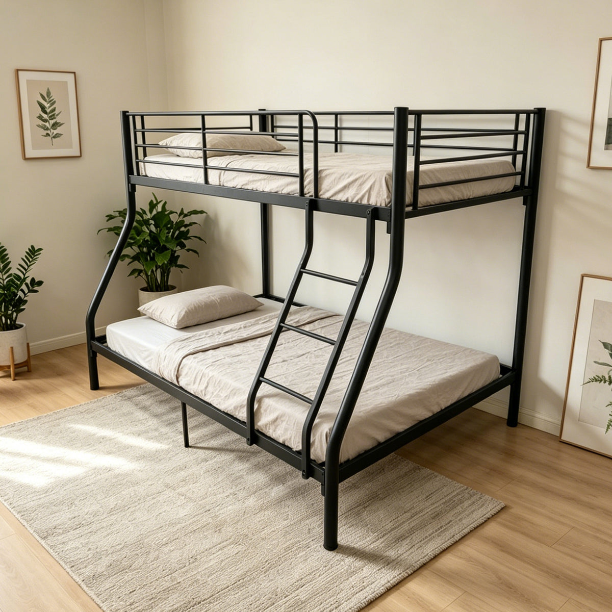 Metal Bunk Bed Frame- Twin Over Full Size, with Ladder & Steel Frame Support Black