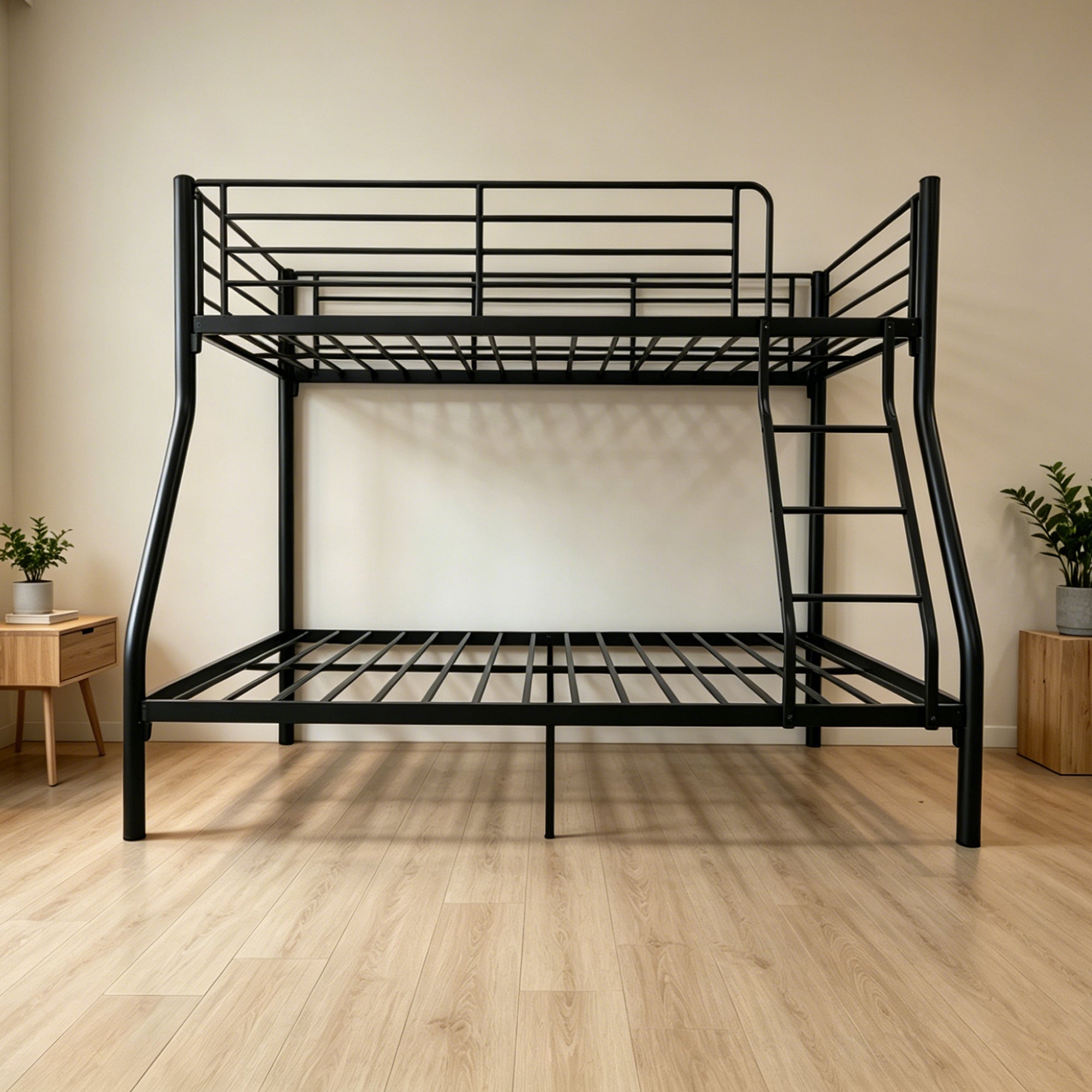Metal Bunk Bed Frame- Twin Over Full Size, with Ladder & Steel Frame Support Black