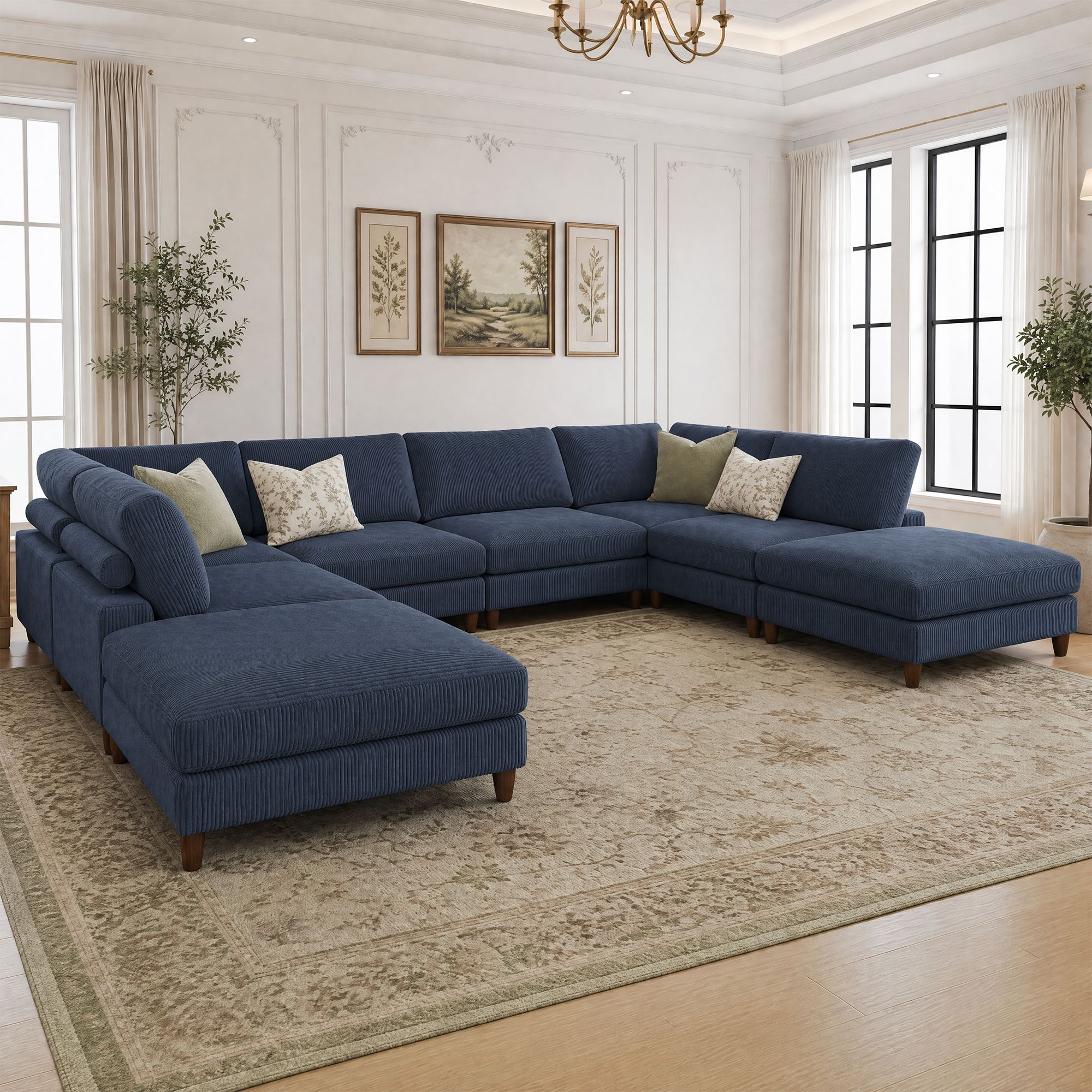 Solid Wood Frame Corduroy Modular Sofa Blue