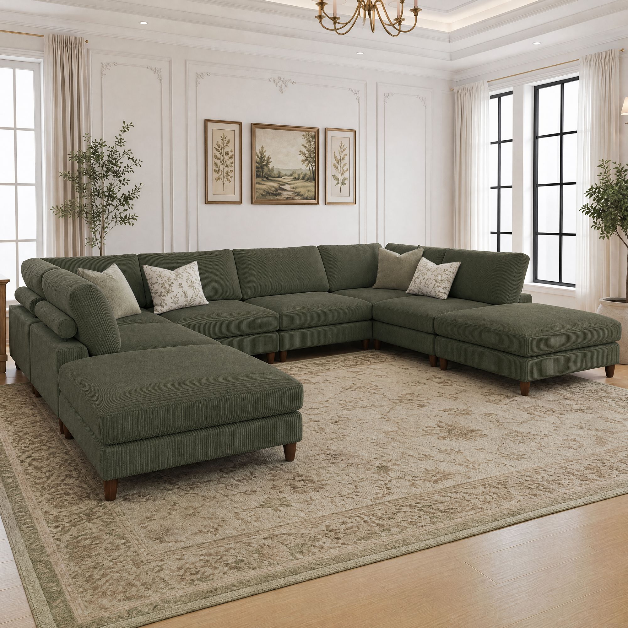 Solid Wood Frame Corduroy Modular Sofa Green