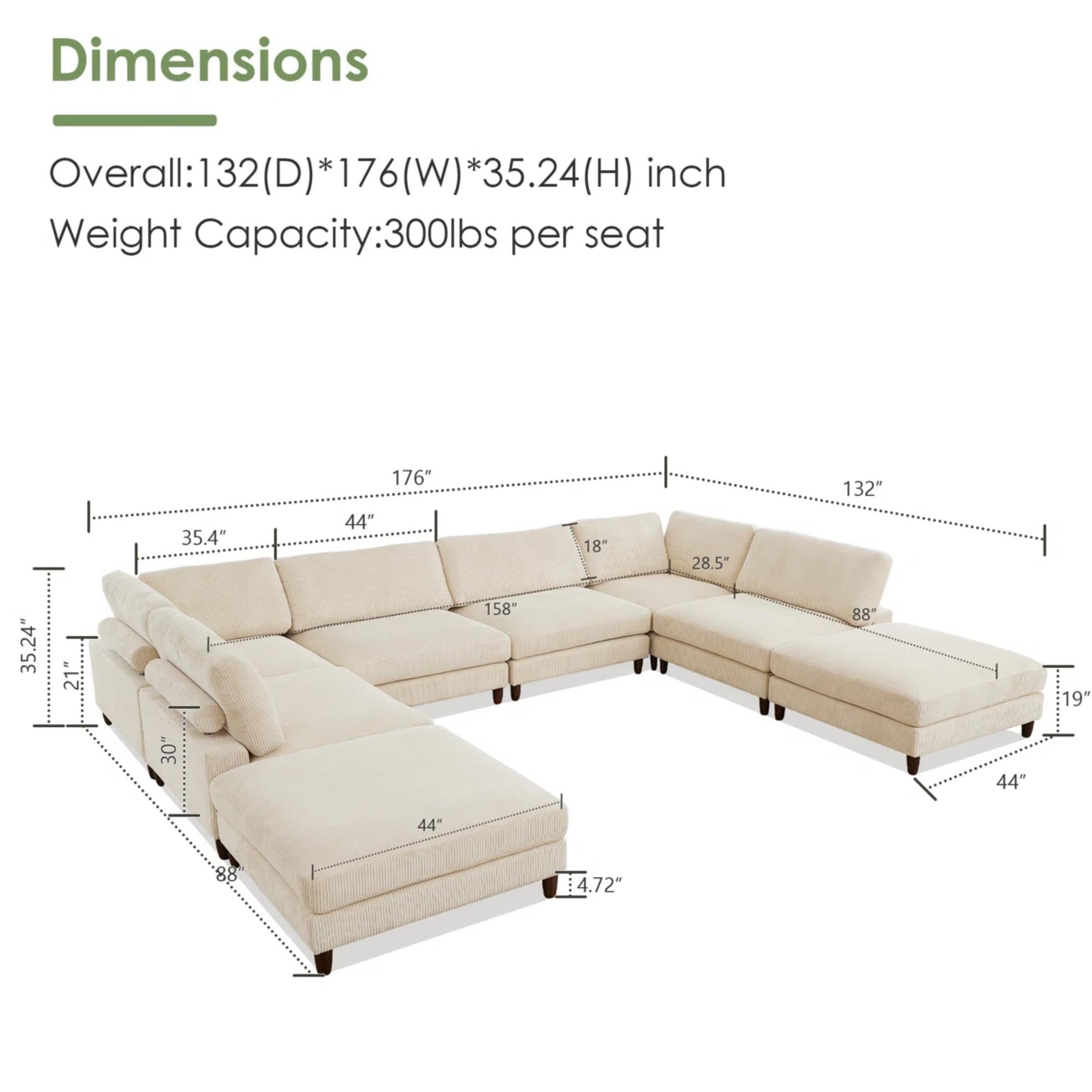 Piece Solid Wood Frame Corduroy Modular Sofa White