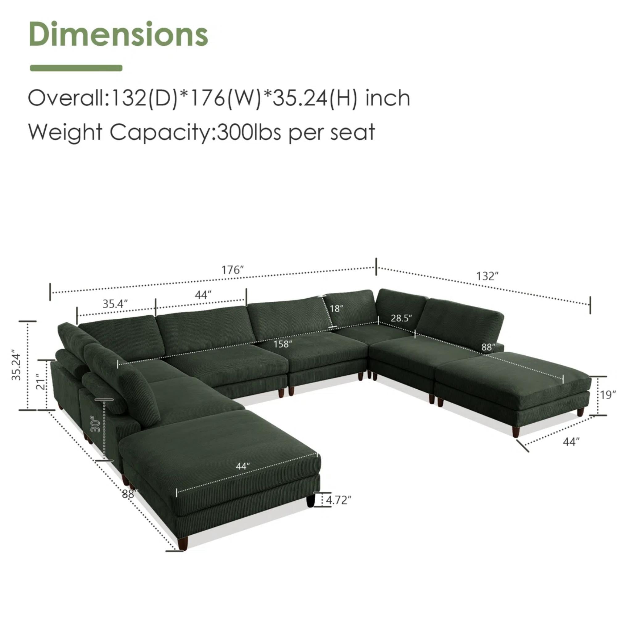 Solid Wood Frame Corduroy Modular Sofa Green
