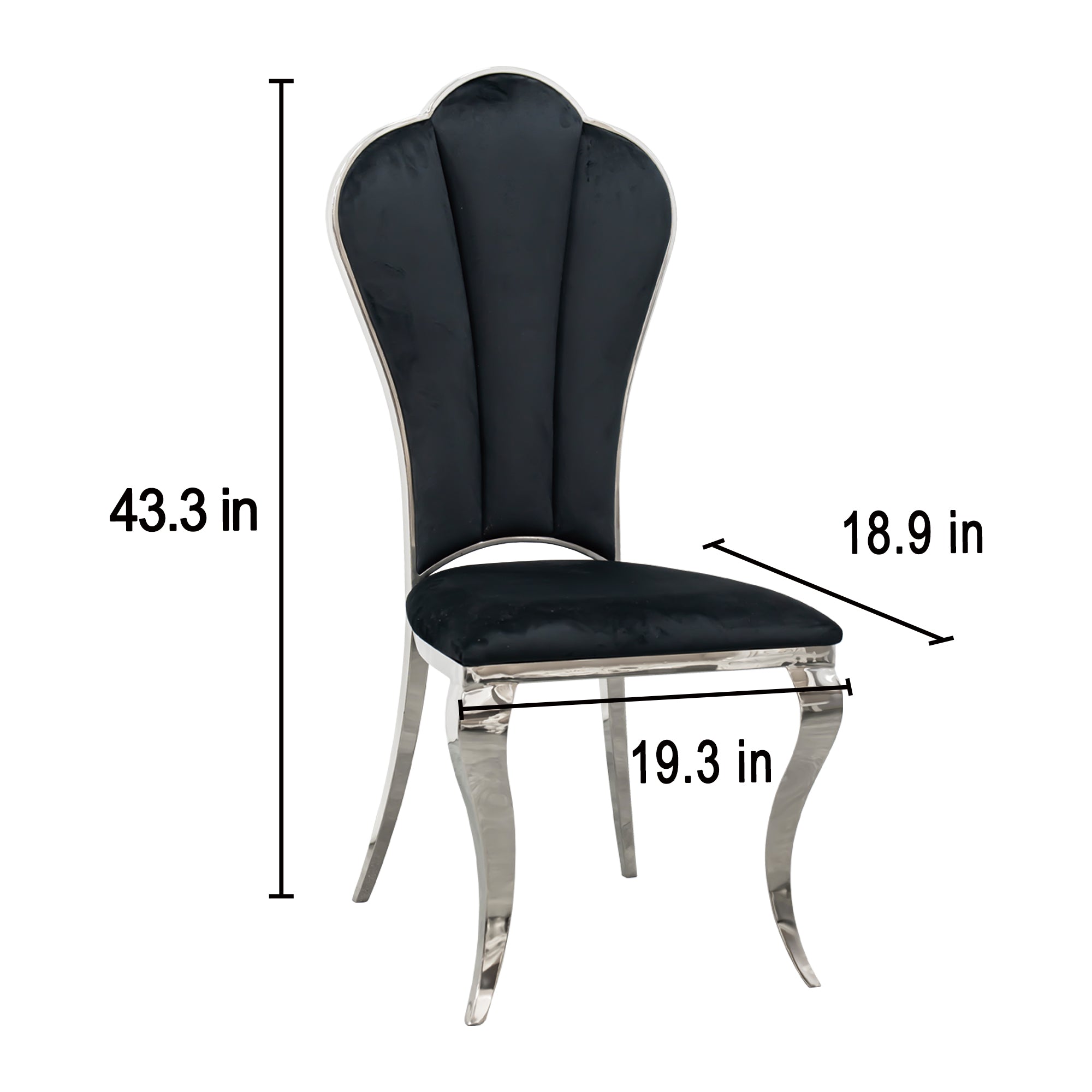 Black and Silver Dining Chairs, Upholstered High Back Dining Chairs with Mirrored Stainless Steel Backrest and Legs.