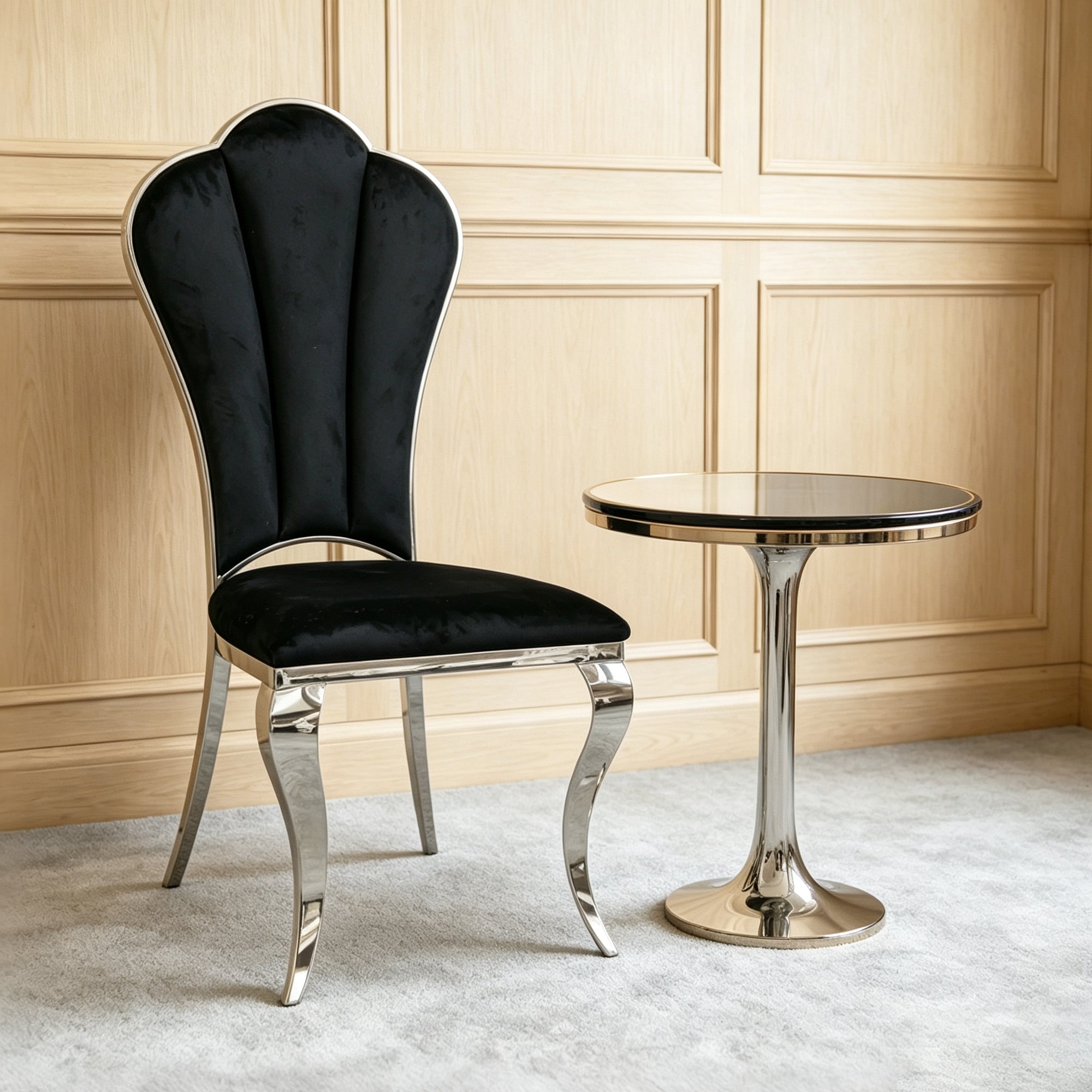 Black and Silver Dining Chairs, Upholstered High Back Dining Chairs with Mirrored Stainless Steel Backrest and Legs.