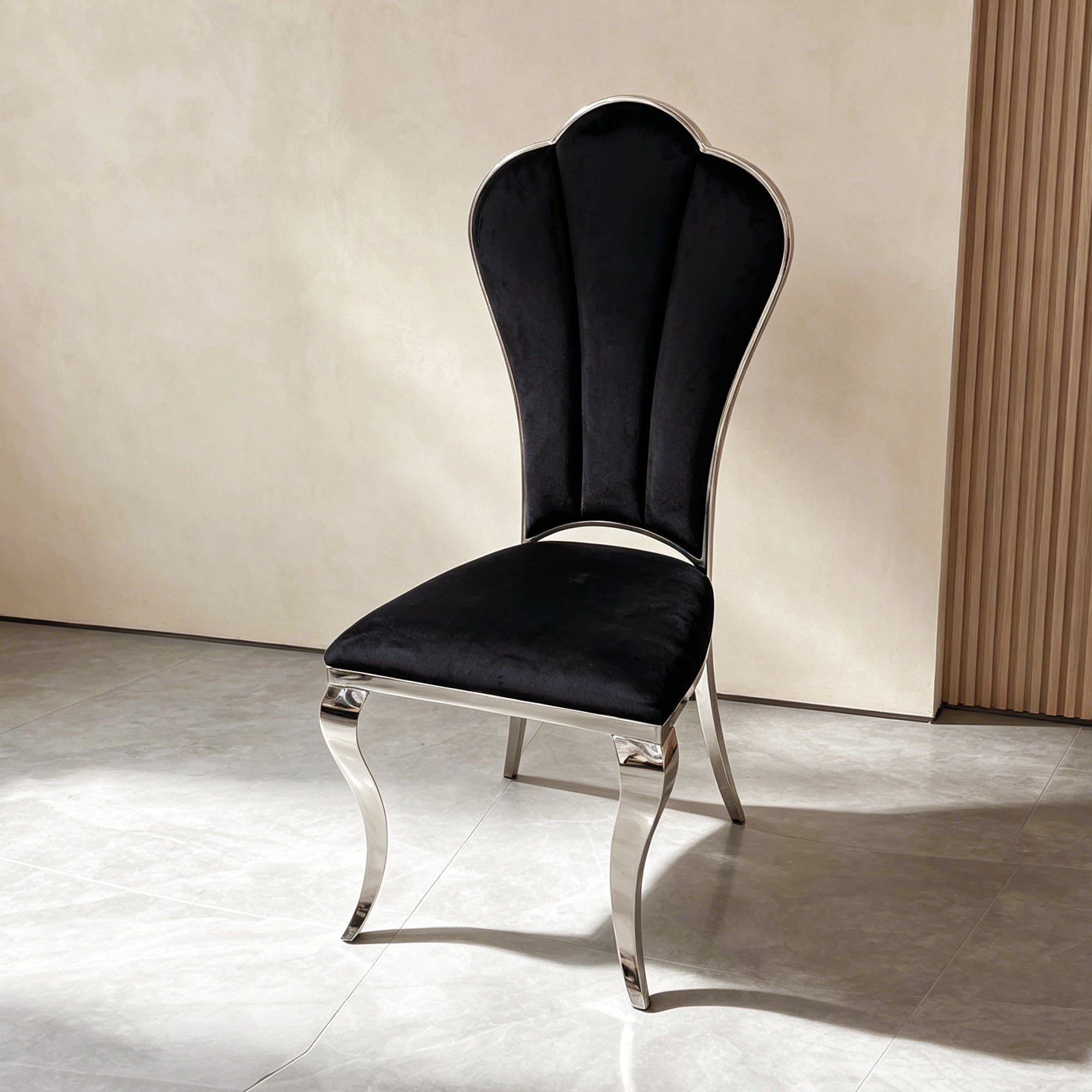 Black and Silver Dining Chairs, Upholstered High Back Dining Chairs with Mirrored Stainless Steel Backrest and Legs.