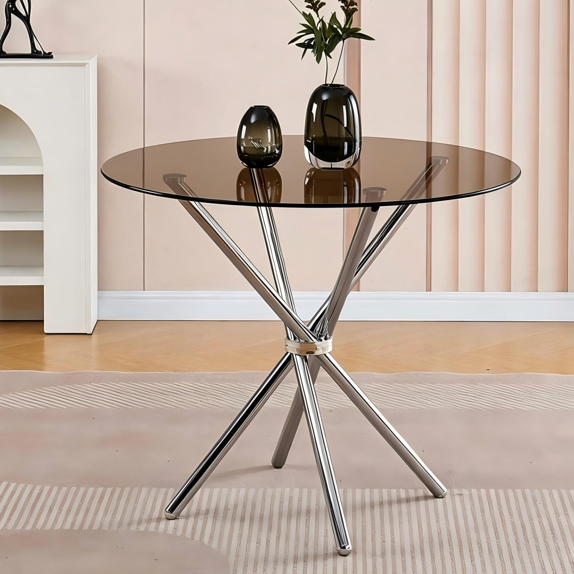 Glass Dining Table Round Kitchen Table with 4 Silver Chrome Legs-DT007