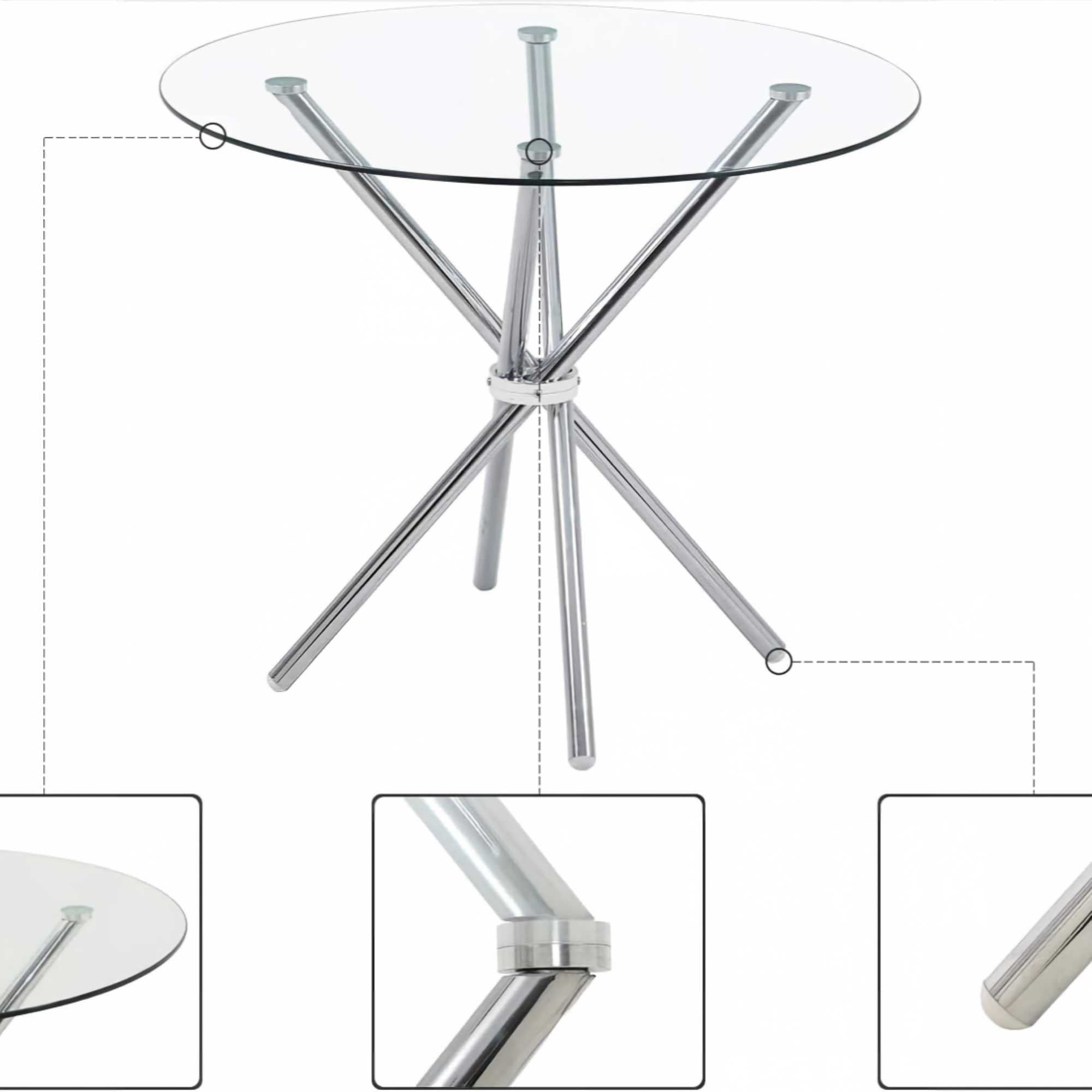 Glass Dining Table Round Kitchen Table with 4 Silver Chrome Legs-DT007