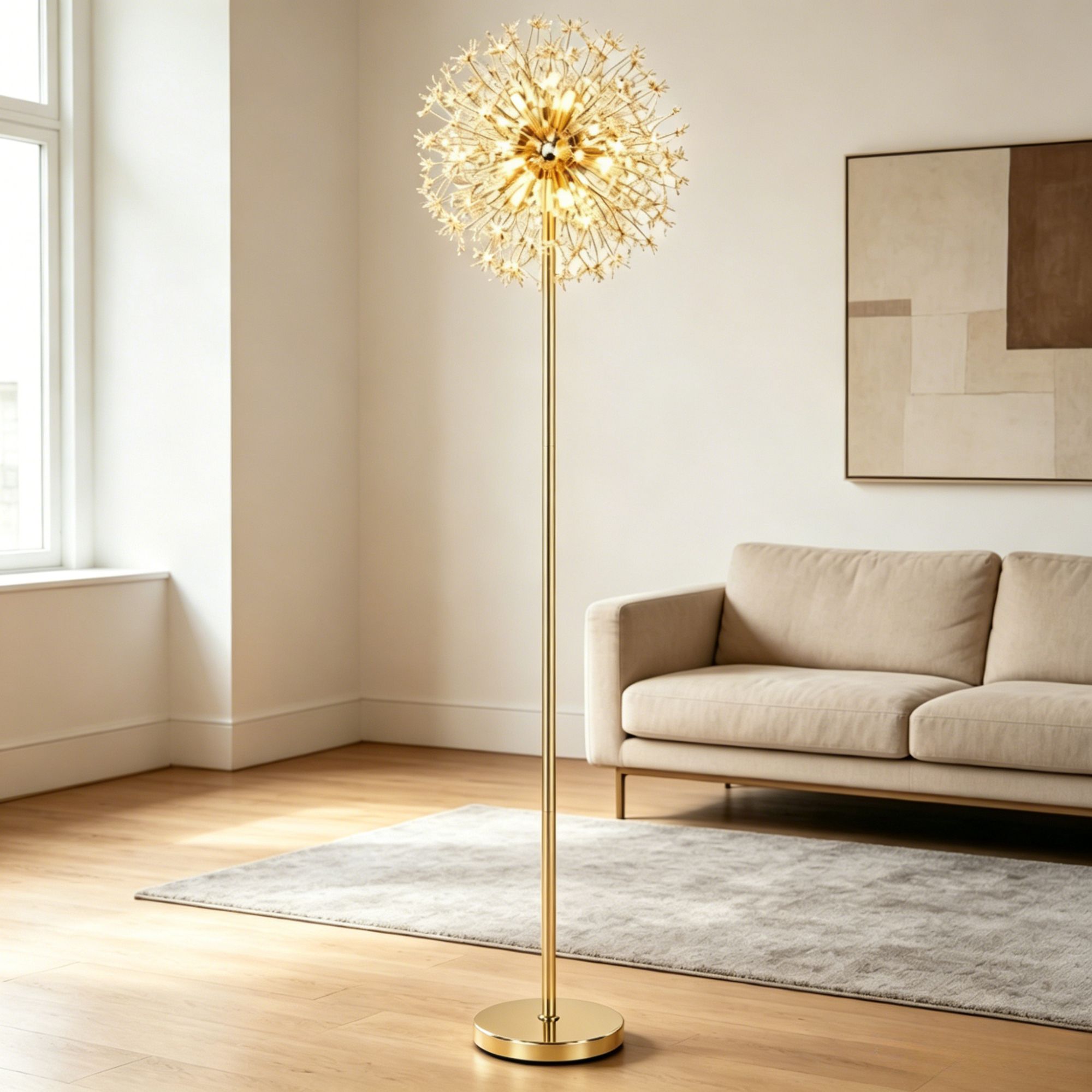 Nordic Luxury Crystal Dandelion Firework Floor Lamp, Handmade 3-Color Dimmable LED Corner Ambient Light, Modern Minimalist Art Floor Lamp for Living Room Bedroom Bedside Dining Bar Commercial Club Home Soft Furnishing Decoration