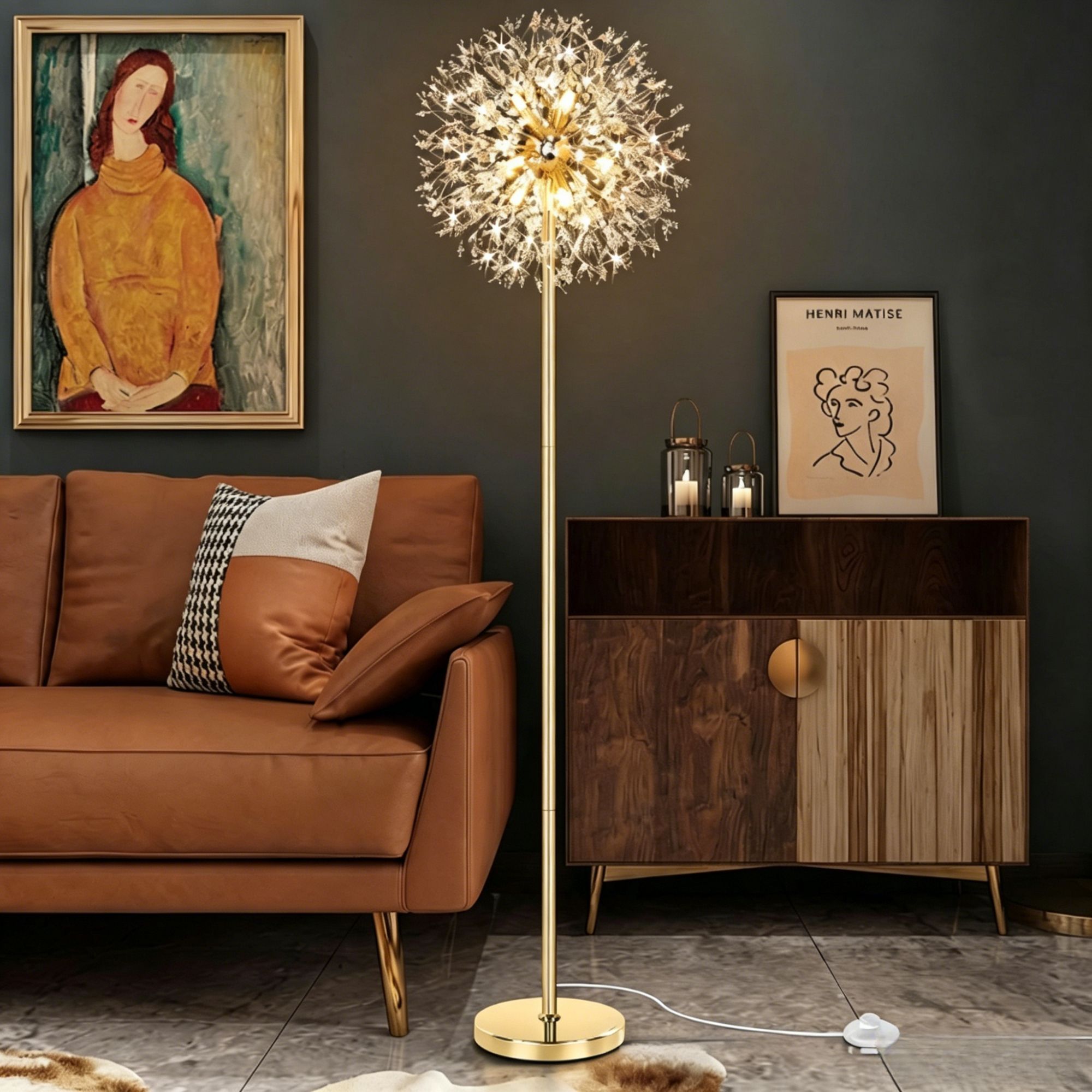 Nordic Luxury Crystal Dandelion Firework Floor Lamp, Creative Art Ambient Corner Light for Living Room Bedroom Home Decor
