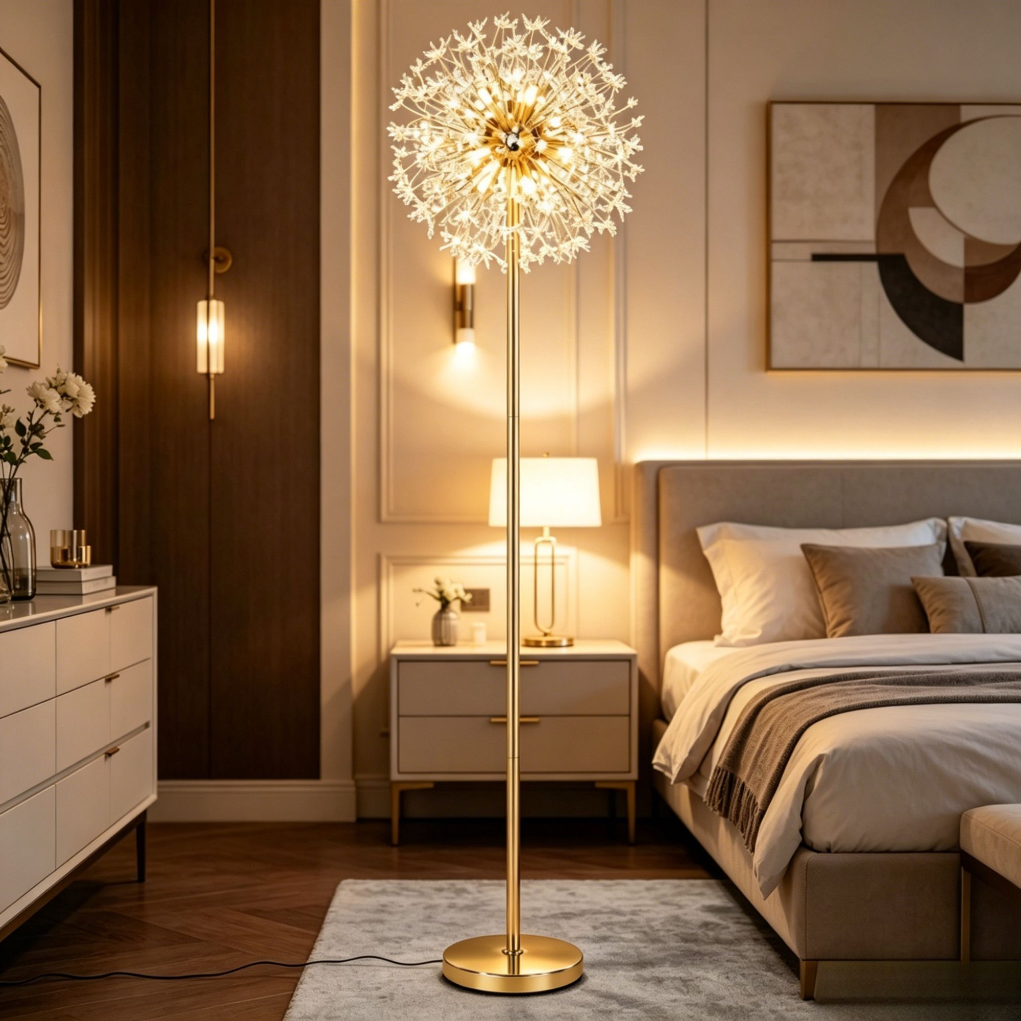 A crystal dandelion floor lamp, illuminated in a bedroom setting.