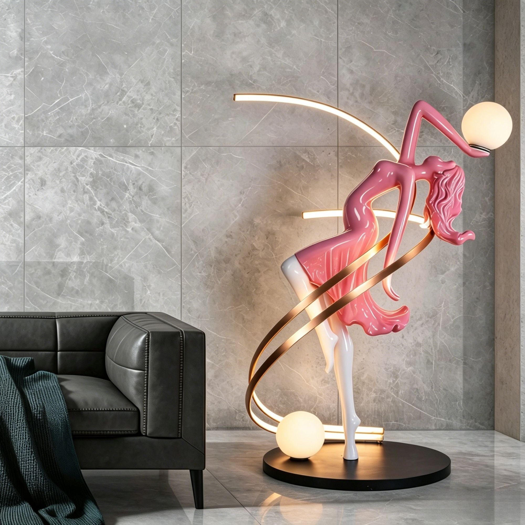 Modern Designer Dancing Woman Sculpture Floor Lamp, Pink Resin Fiberglass Humanoid Art Standing Lamp with Curved Gold LED Strip & Frosted Globe Shades, Luxury Decorative Ambient Floor Light for Living Room Villa Boutique Window Display