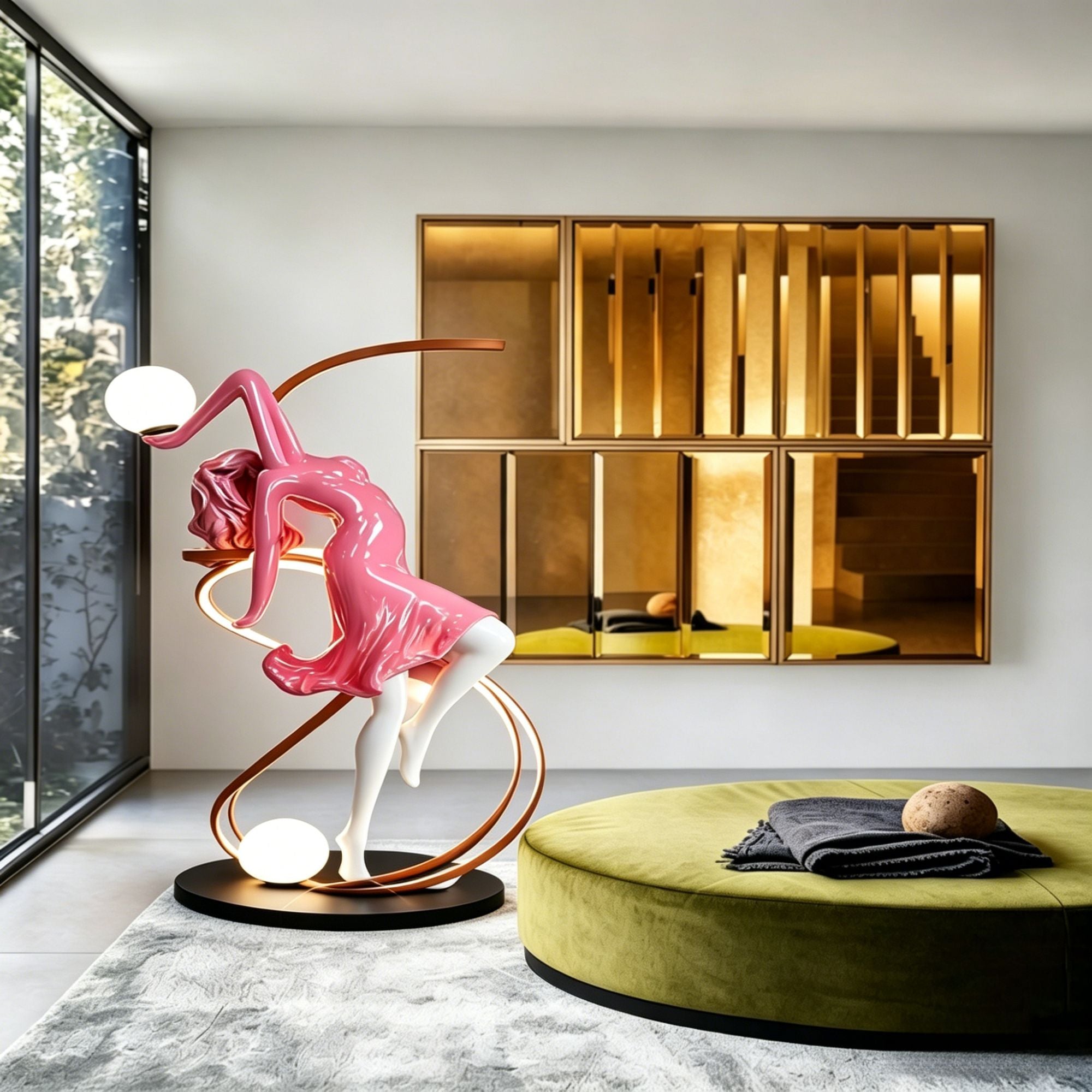 Modern Designer Dancing Woman Sculpture Floor Lamp, Pink Resin Fiberglass Humanoid Art Standing Lamp with Curved Gold LED Strip & Frosted Globe Shades, Luxury Decorative Ambient Floor Light for Living Room Villa Boutique Window Display