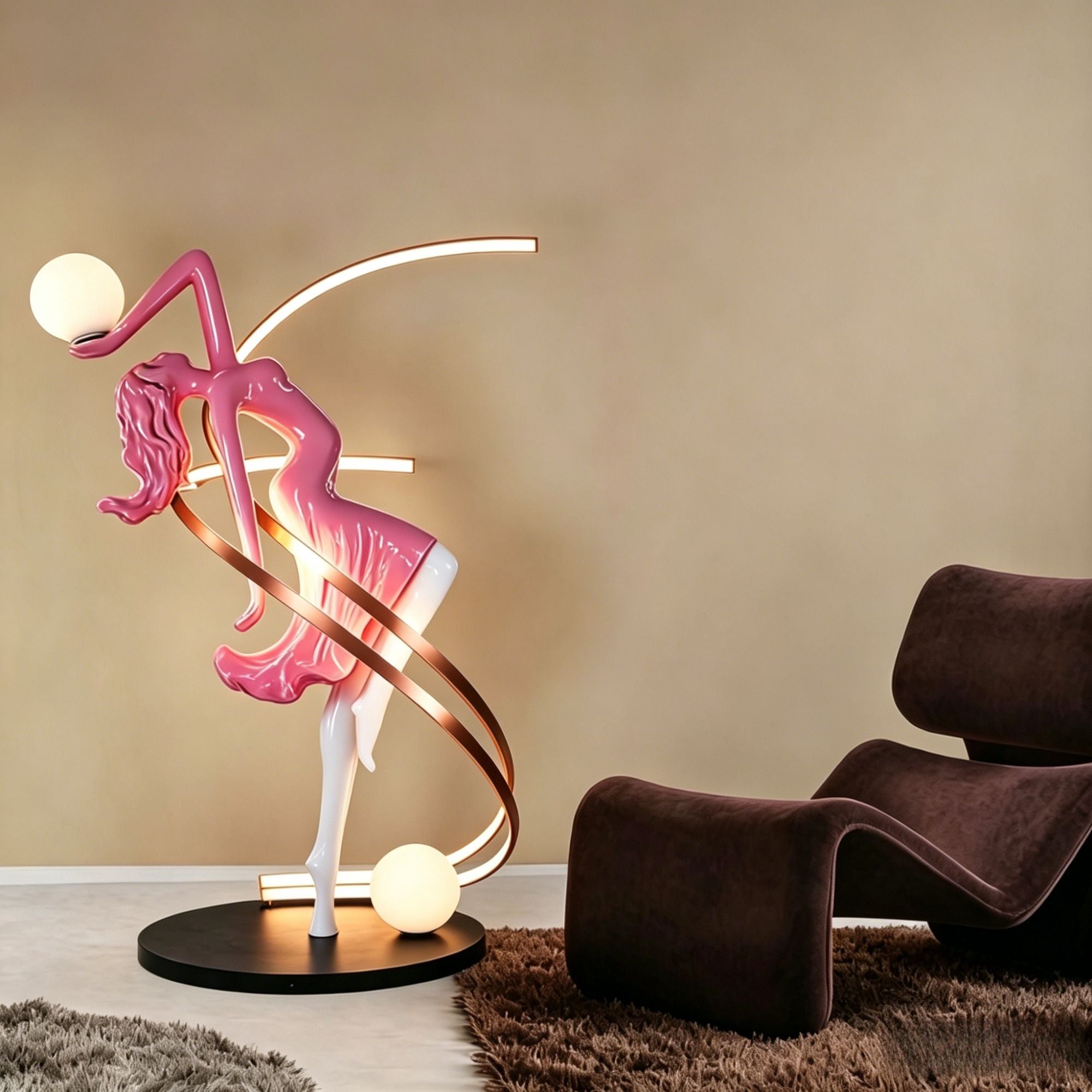 A humanoid art sculpture floor lamp featuring a pink and white dancer figure with curved metallic copper loops and two glowing white globe lights, placed in a contemporary living room.