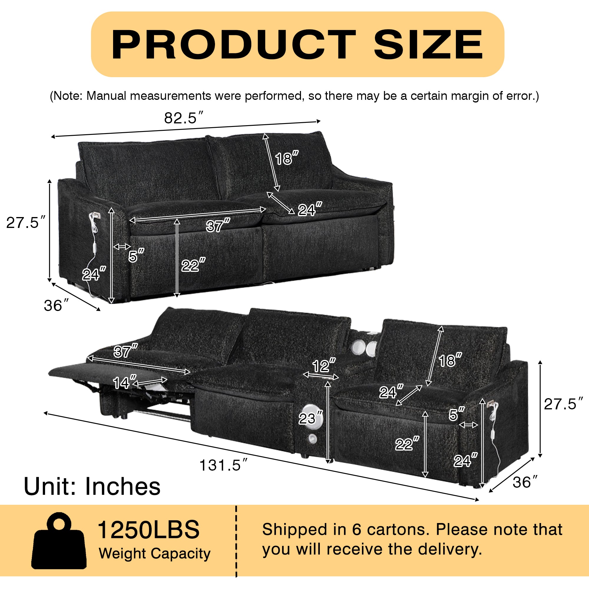 Black Electric Recliner Sofa Set