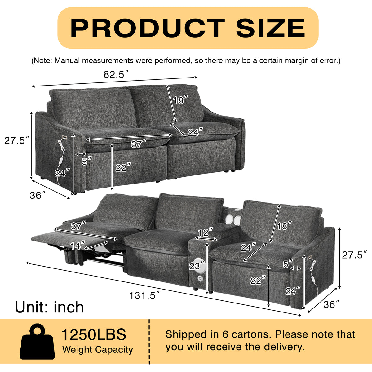 Grey Electric Recliner Sofa Set--MS908-2SET
