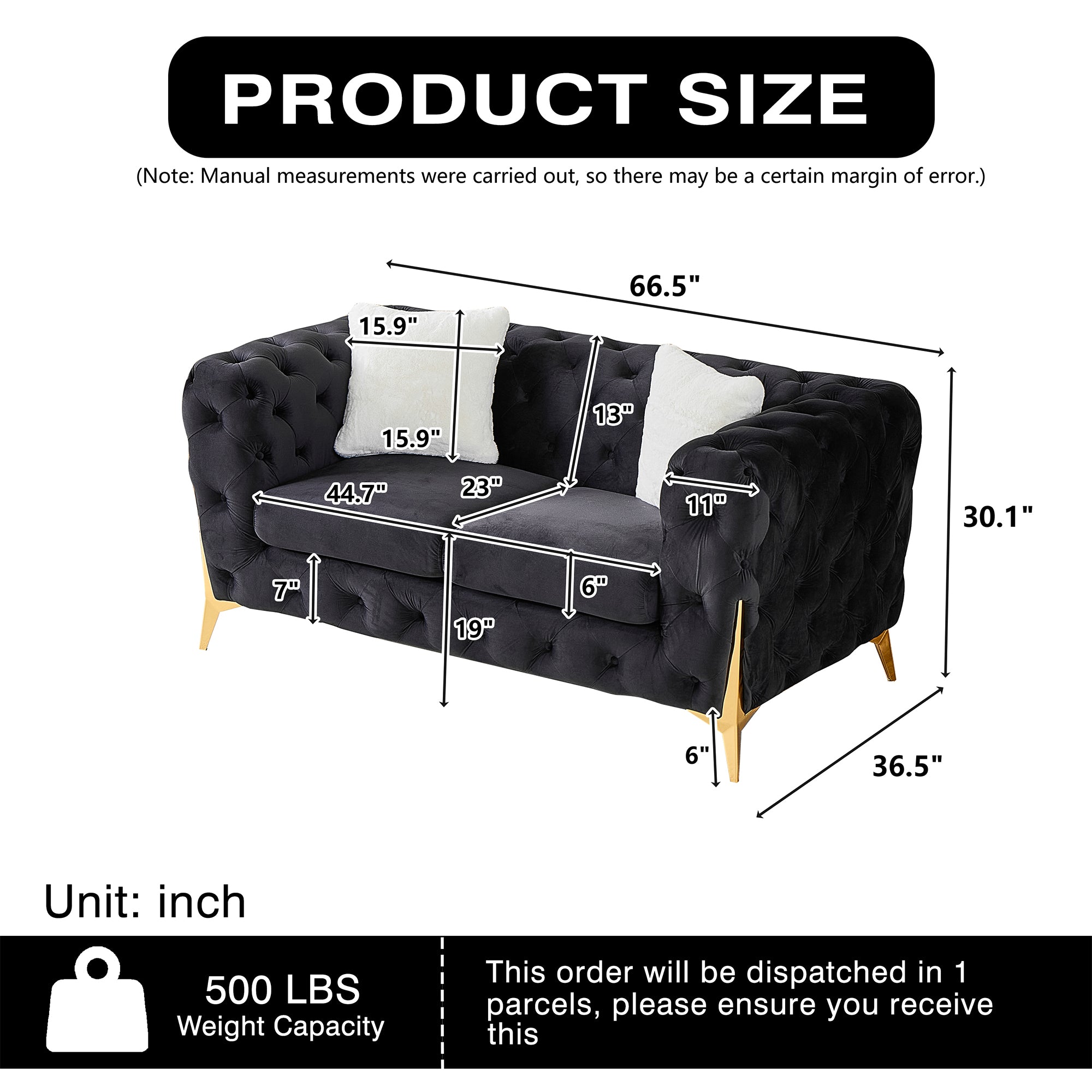 Black 2S Chesterfield Sofa, Tufted Velvet Sofa, 2 Seater Sofa, Living Room Couch, Classic Button Tuft Sofa