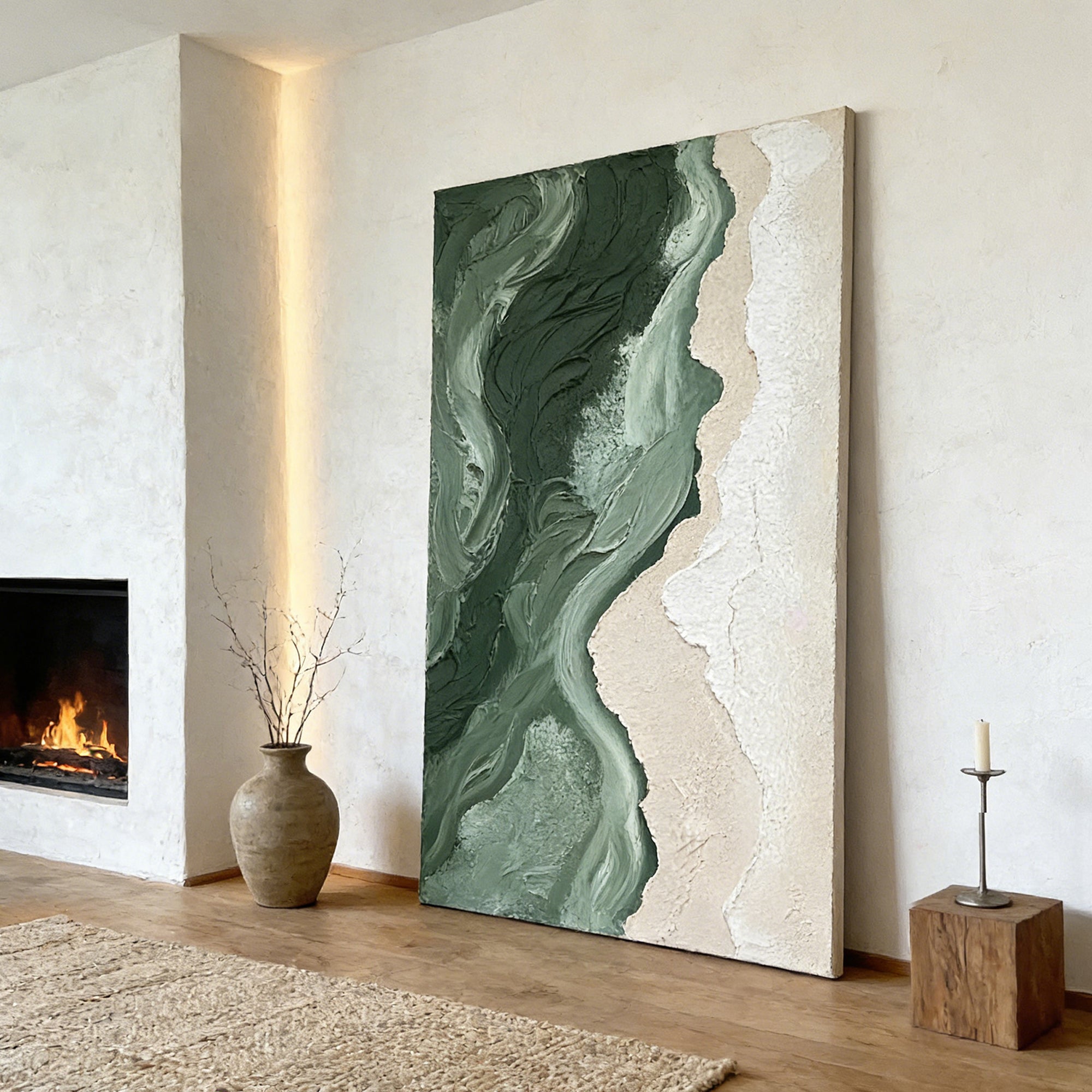 Pure Handmade Abstract Green Textured Ocean Wave Linen Canvas Oil Painting