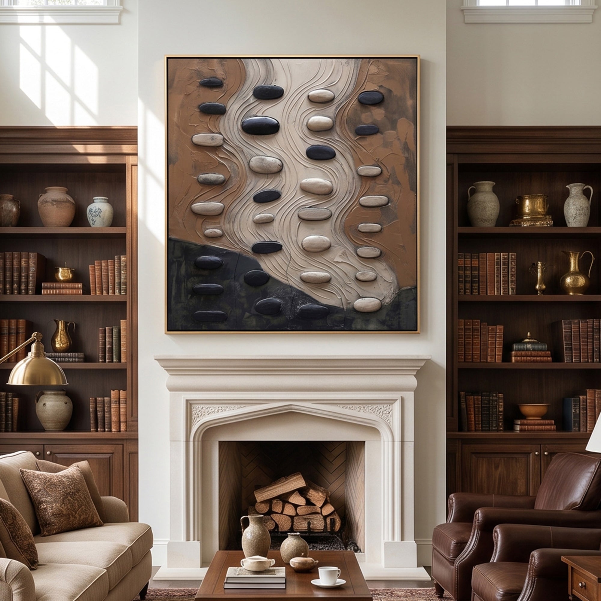 Pure Handmade Wabi Sabi Neutral 3D Stone Impasto Abstract Oil Painting