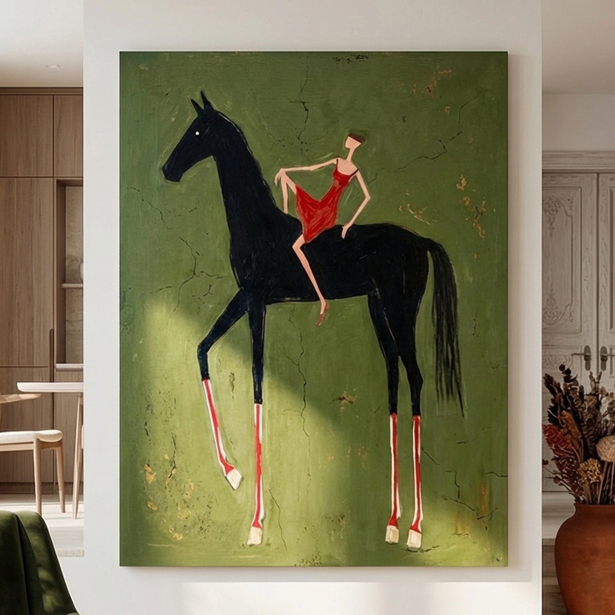 Pure Handmade Retro Olive Green Figure Horse Textured Canvas Decor