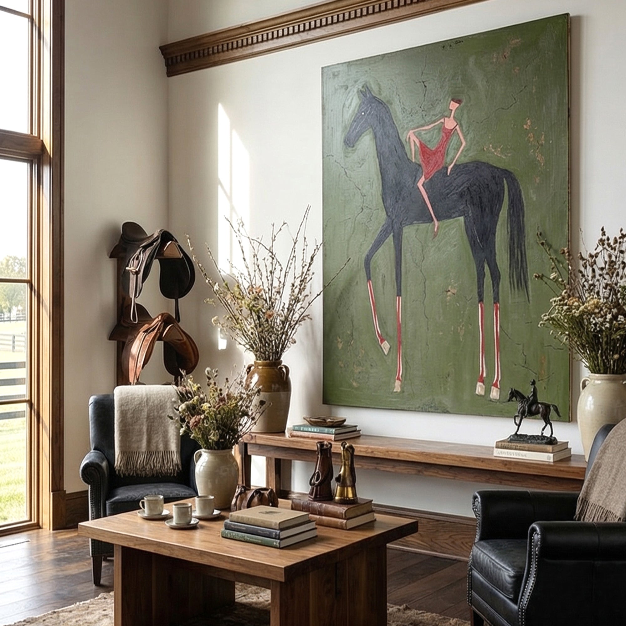 Pure Handmade Retro Olive Green Figure Horse Textured Canvas Decor