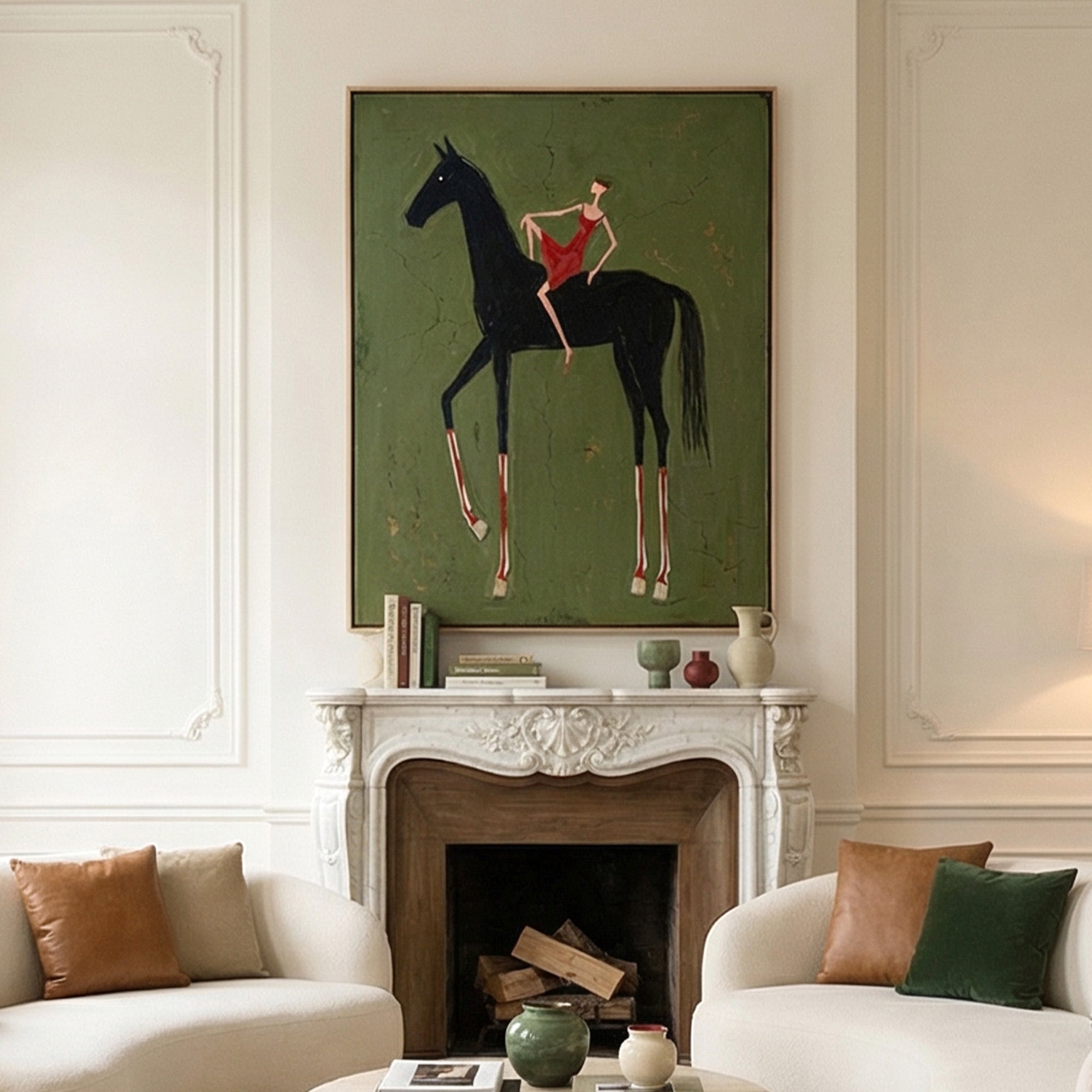 Pure Handmade Retro Olive Green Figure Horse Textured Canvas Decor