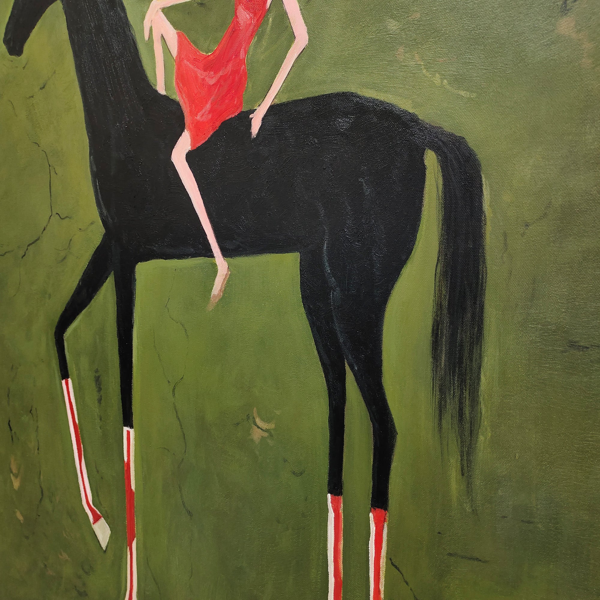 Pure Handmade Retro Olive Green Figure Horse Textured Canvas Decor