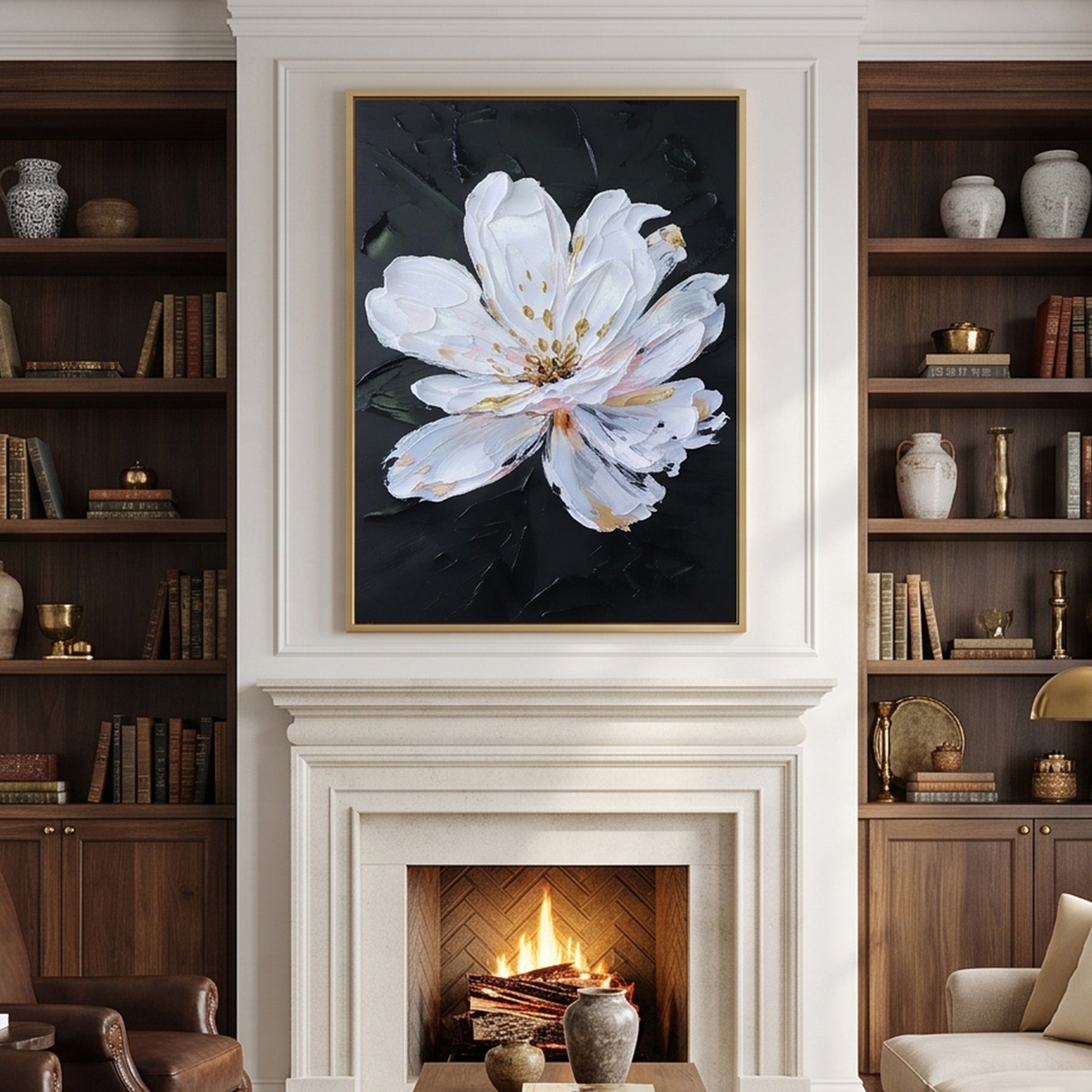Pure Hand Painted Abstract Oil Painting of Magnolia Flower, Floral Canvas Wall Art for Home Decor
