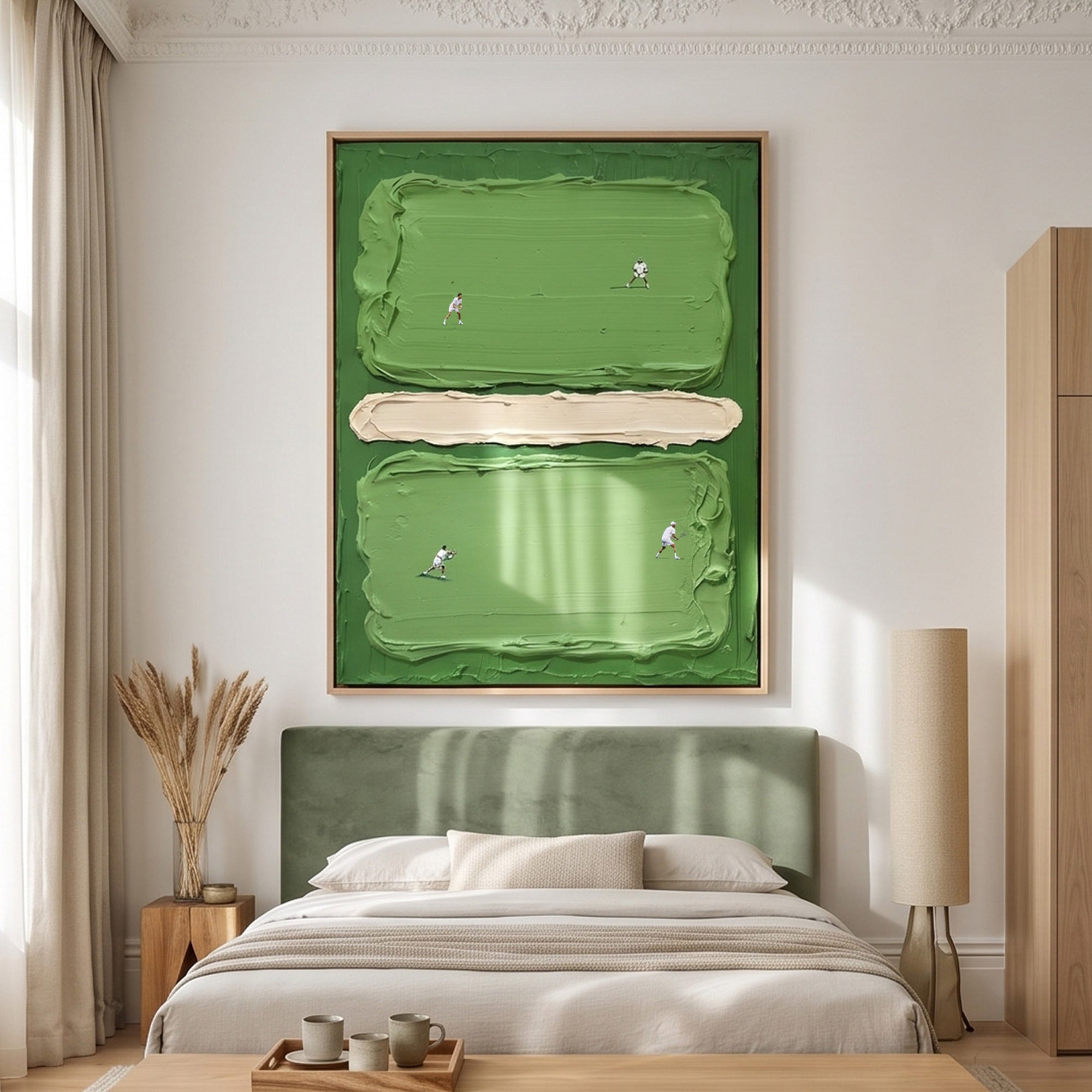 Pure Handmade Cream Green Impasto Tennis Sports Decor Canvas