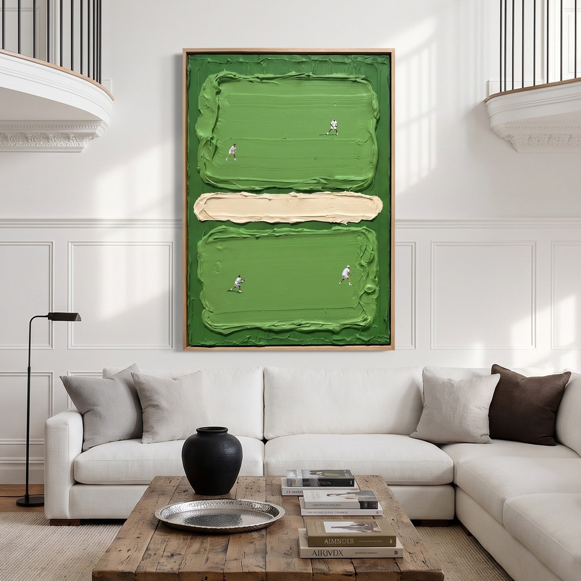 Pure Handmade Cream Green Impasto Tennis Sports Decor Canvas