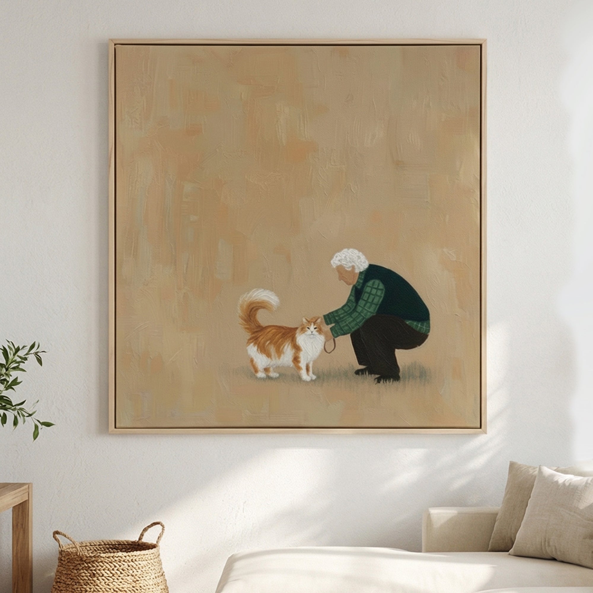 Hand Painted Wabi-Sabi Abstract Old Man and Cat Oil Painting