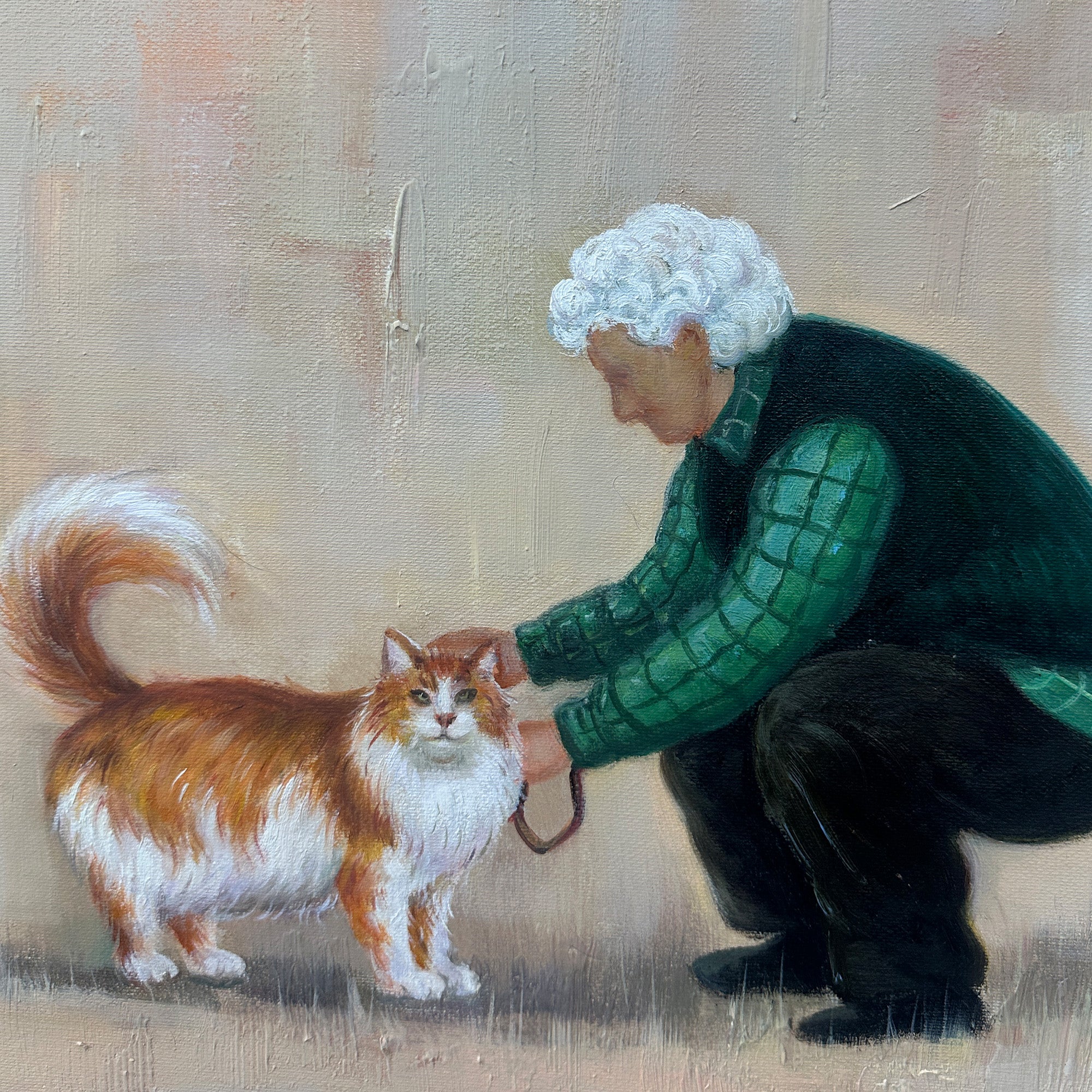 Hand Painted Wabi-Sabi Abstract Old Man and Cat Oil Painting
