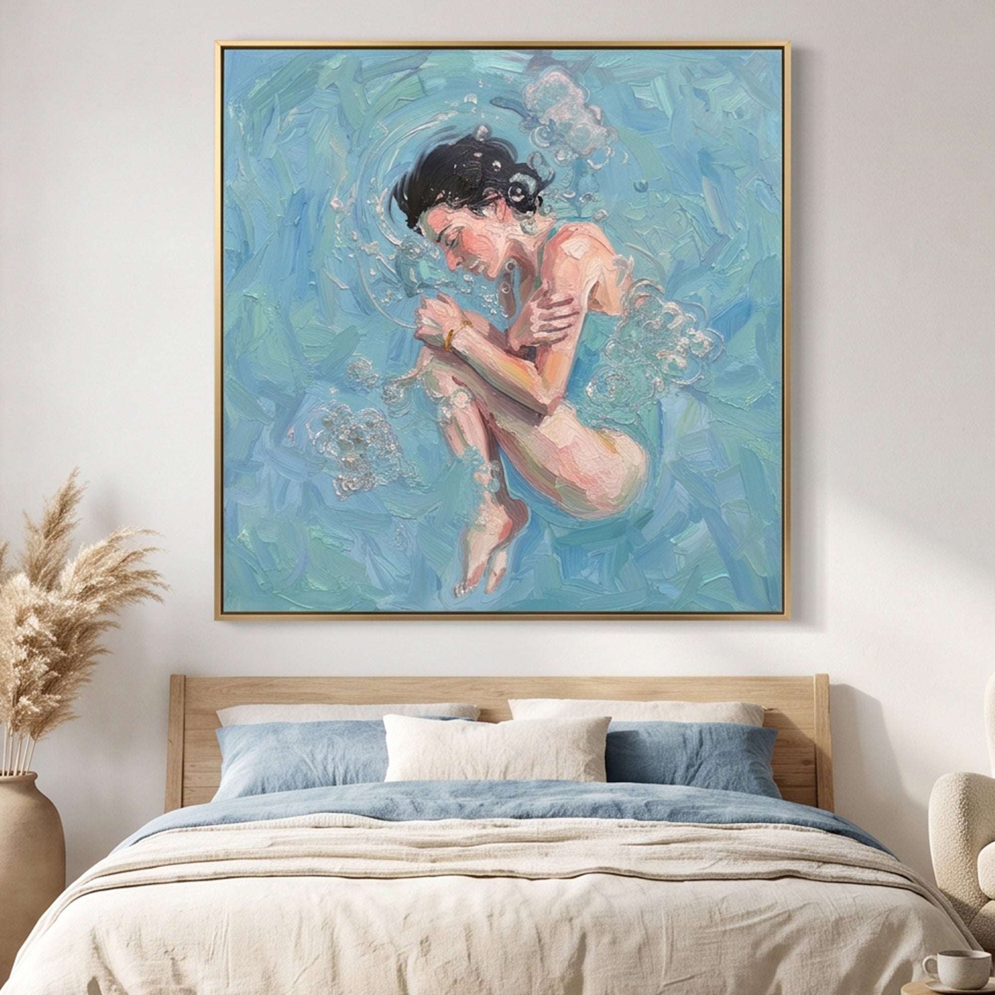 Pure Handmade Cool Blue Water Bubble Figurative Thick Impasto Square Wall Art