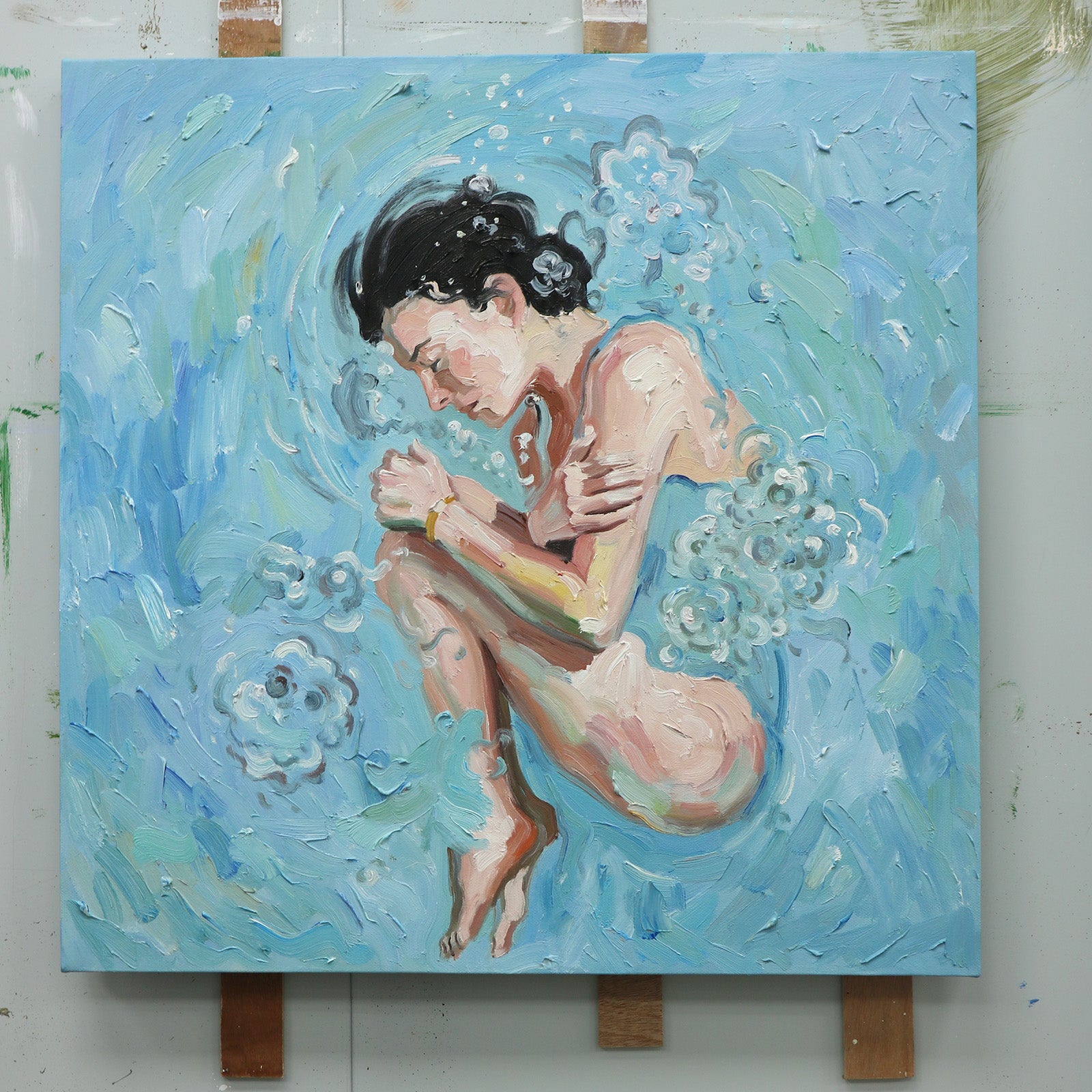 Pure Handmade Cool Blue Water Bubble Figurative Thick Impasto Square Wall Art