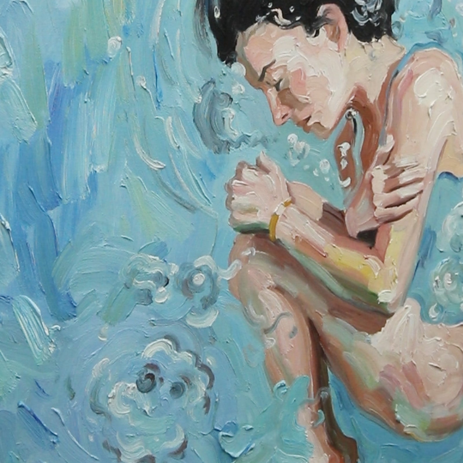 Pure Handmade Cool Blue Water Bubble Figurative Thick Impasto Square Wall Art