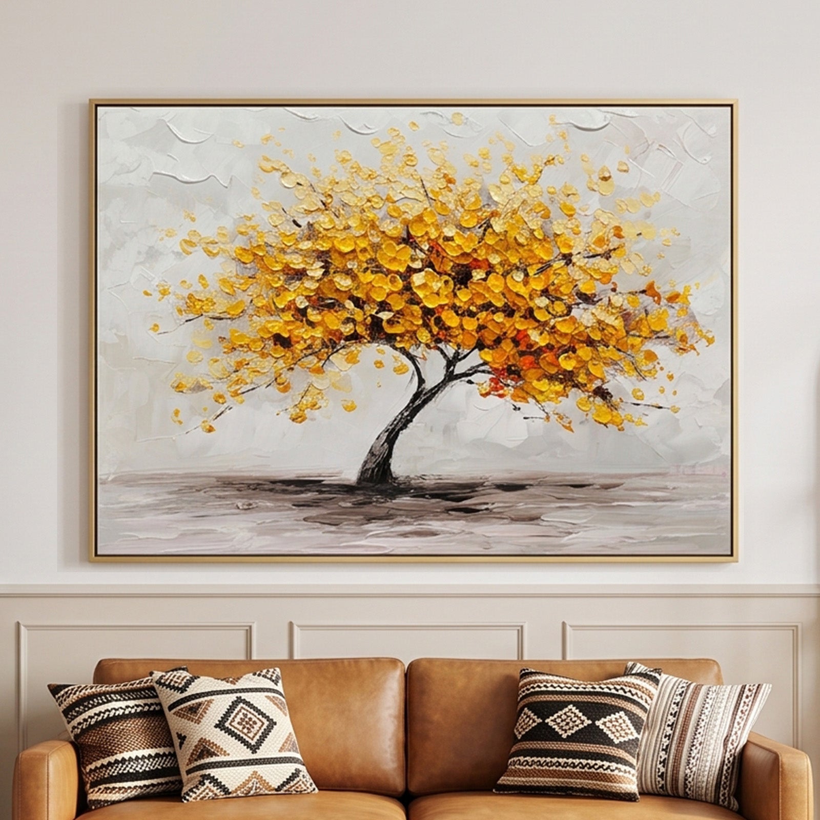 Handmade Yellow Leaf Tree Textured Landscape Square Home Decor