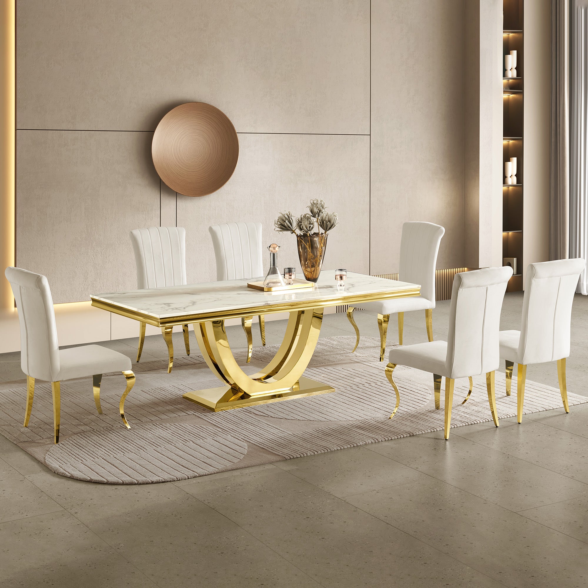 Modern  Dining Table with  Marble Top & 201 Stainless Steel U-Base, Luxury 6-8 Seater Kitchen Table, Gold/Silver Mirror Finish