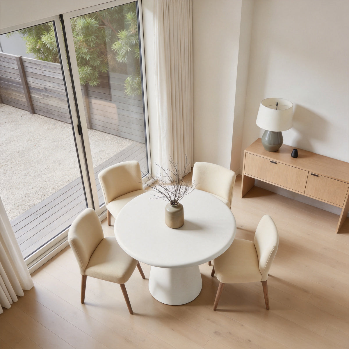 45″Round Dining Table with Cement Finished Top, Beautiful Cylindrical Base