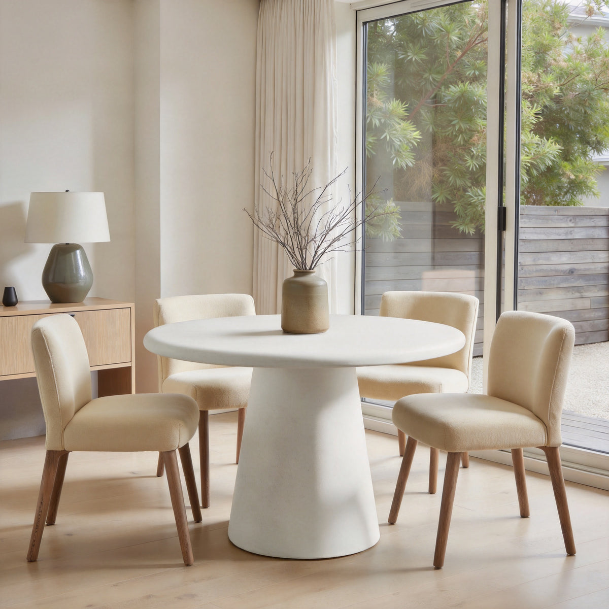 45″Round Dining Table with Cement Finished Top, Beautiful Cylindrical Base