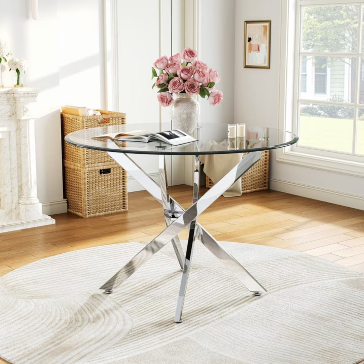 DT012-Round Tempered Glass Dining Table with Chrome Metal X‑Shape Base