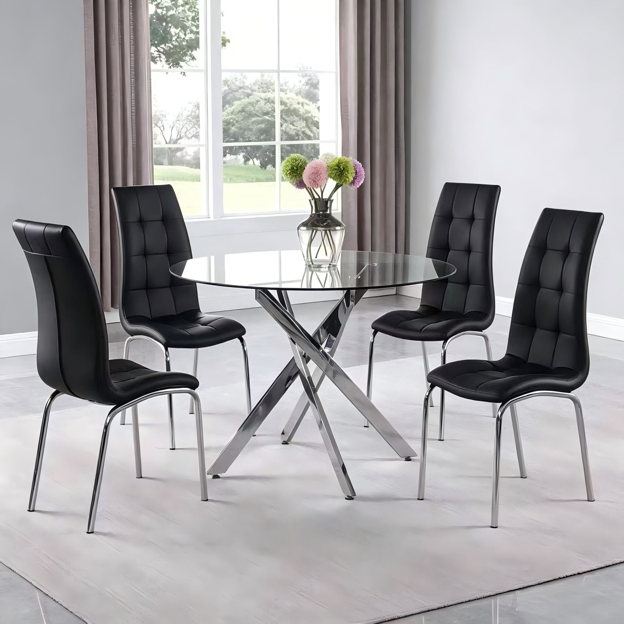 DT012-Round Tempered Glass Dining Table with Chrome Metal X‑Shape Base