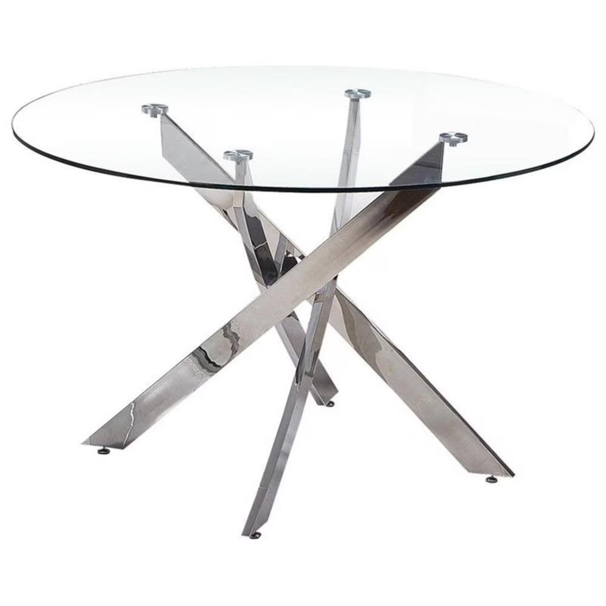 DT012-Round Tempered Glass Dining Table with Chrome Metal X‑Shape Base