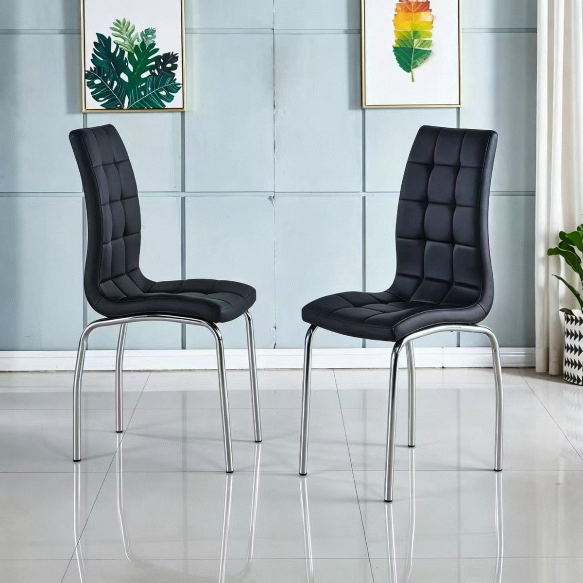 CH017-2PCS/CTN-High Back Black PU Leather Dining Chair with Chrome Metal Legs