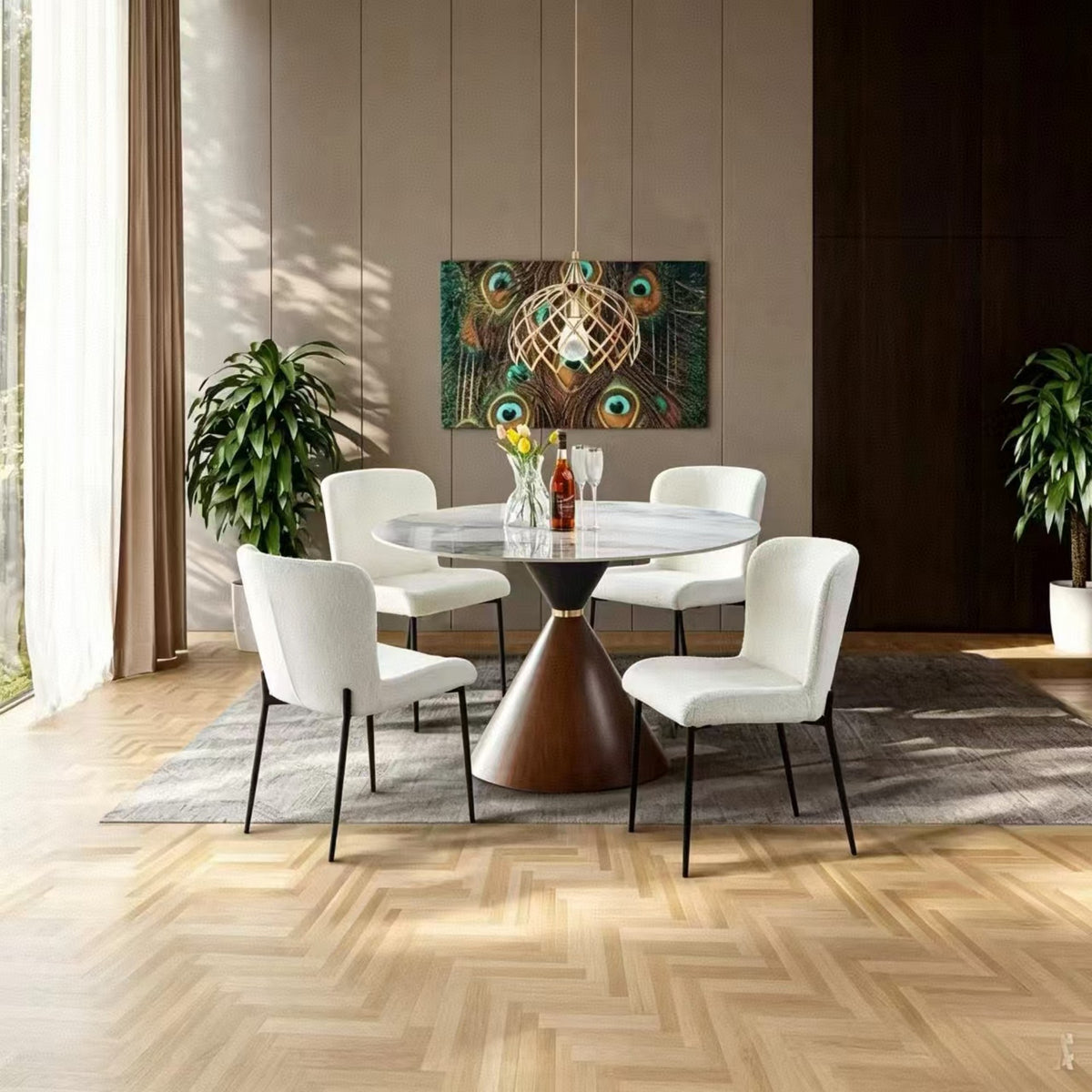 DT016-Contemporary Round Sintered Stone Dinner Table, Single Cone Pedestal Dining Table
