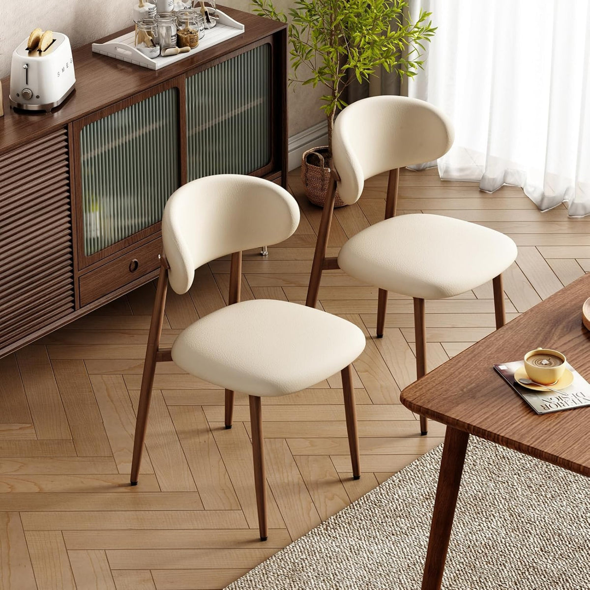CH011-2PCS/CTN-Mid‑Century Upholstered Side Chair, White Faux Leather Dining Chair