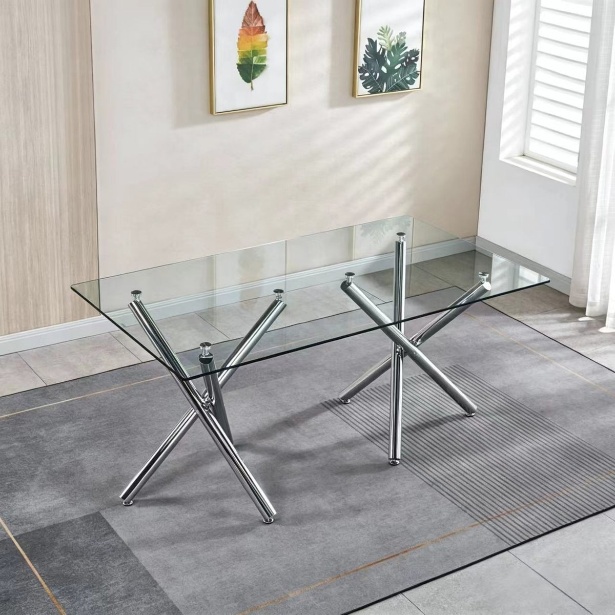 DT018-Contemporary Clear Glass Dining Table, Polished Chrome Cross Metal Base, Minimalist Dinner Table for Home