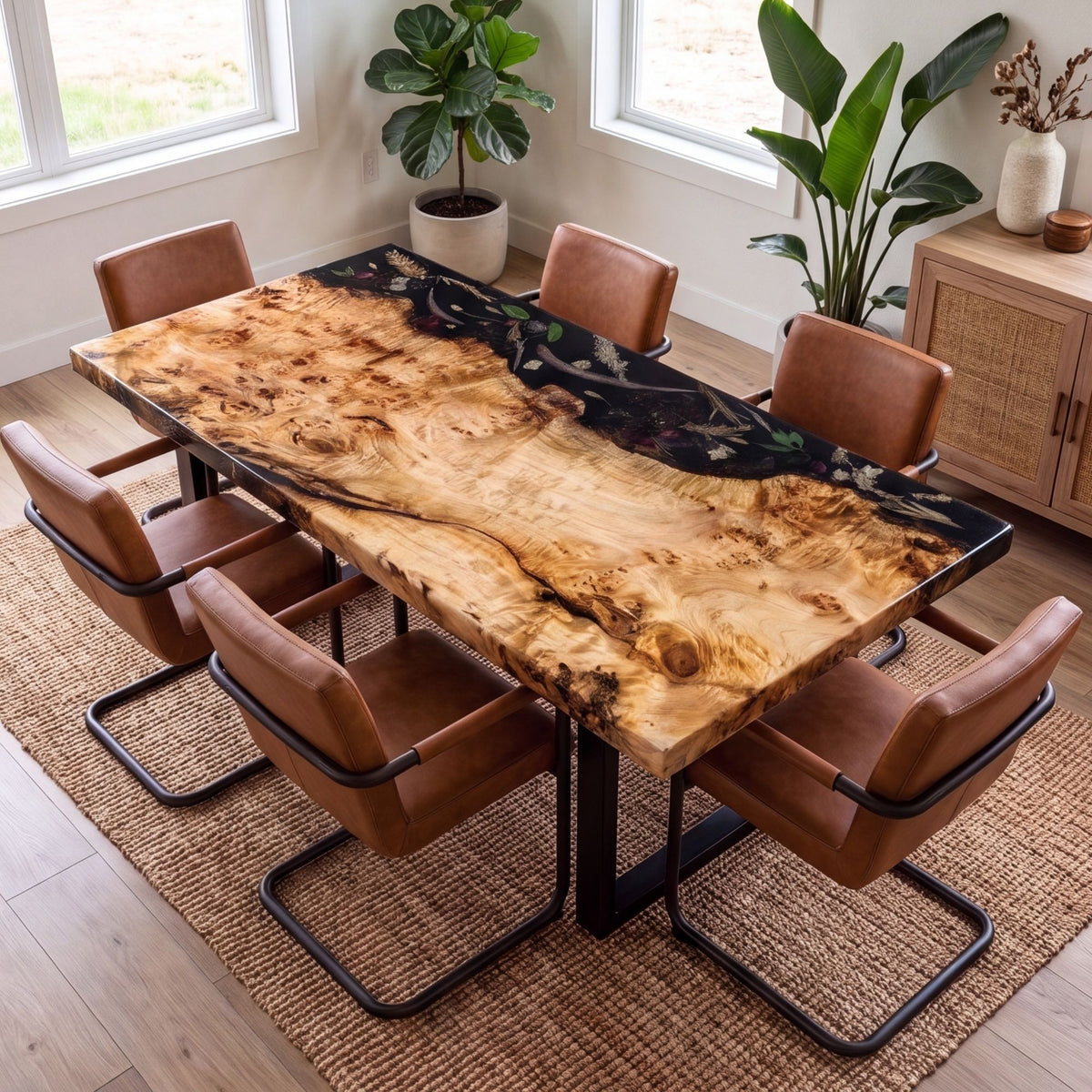 Poplar Black Epoxy Rectangular Dining Table（Tabletop only, legs not included）