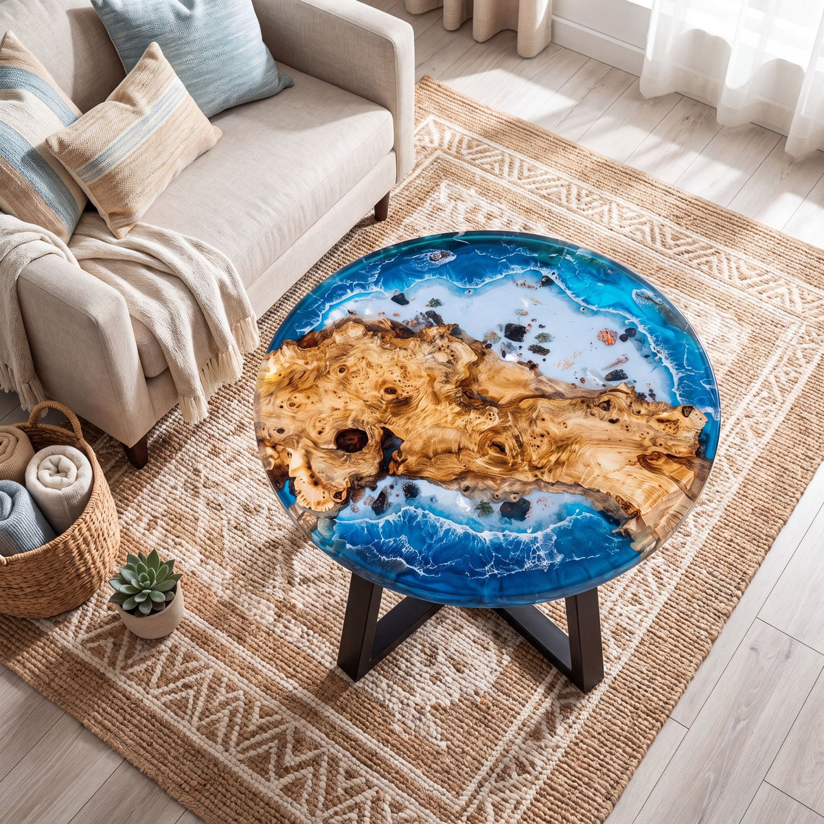 Poplar Blue Epoxy Round Coffee Table-PLSY05（Tabletop with legs）