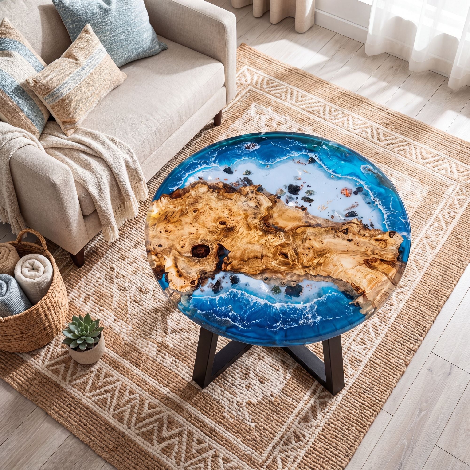 Poplar Blue Epoxy Round Coffee Table-PLSY05（Tabletop only, legs not included）