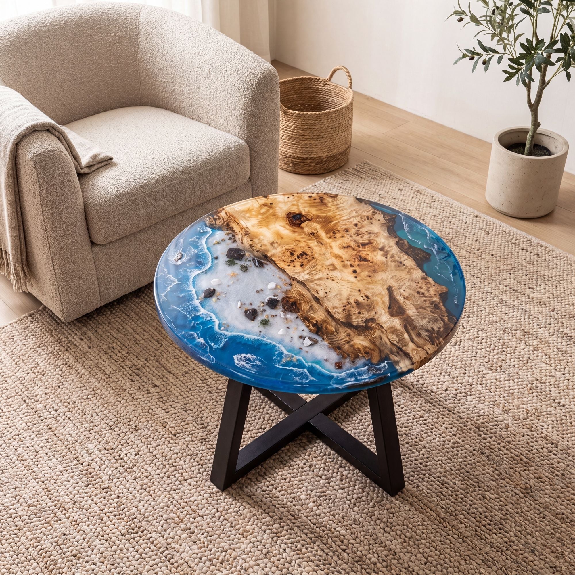 Poplar Blue Epoxy Round Coffee Table-PLSY04（Tabletop only, legs not included）